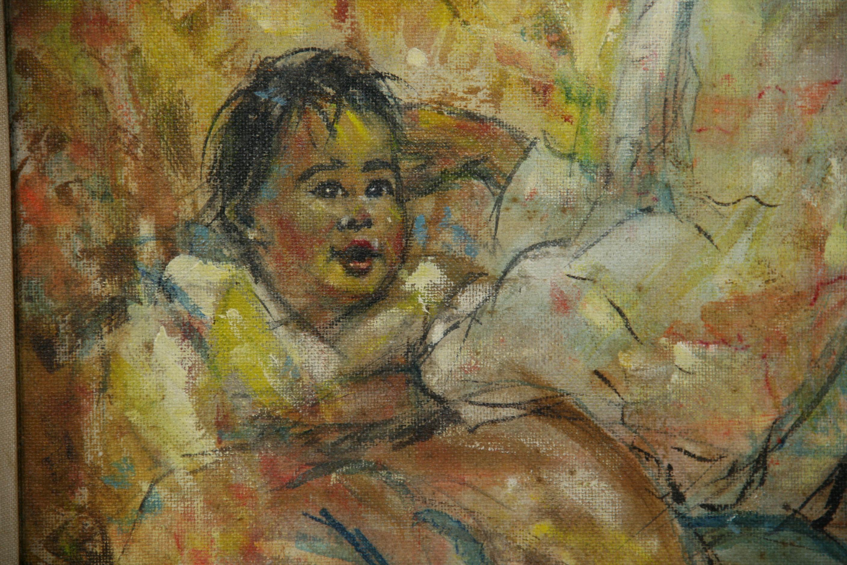 Peinture à l'huile impressionniste américaine, mère et enfant, 1968 en vente 3