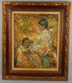 American Impressionist Mother and Child Oil Painting 1968