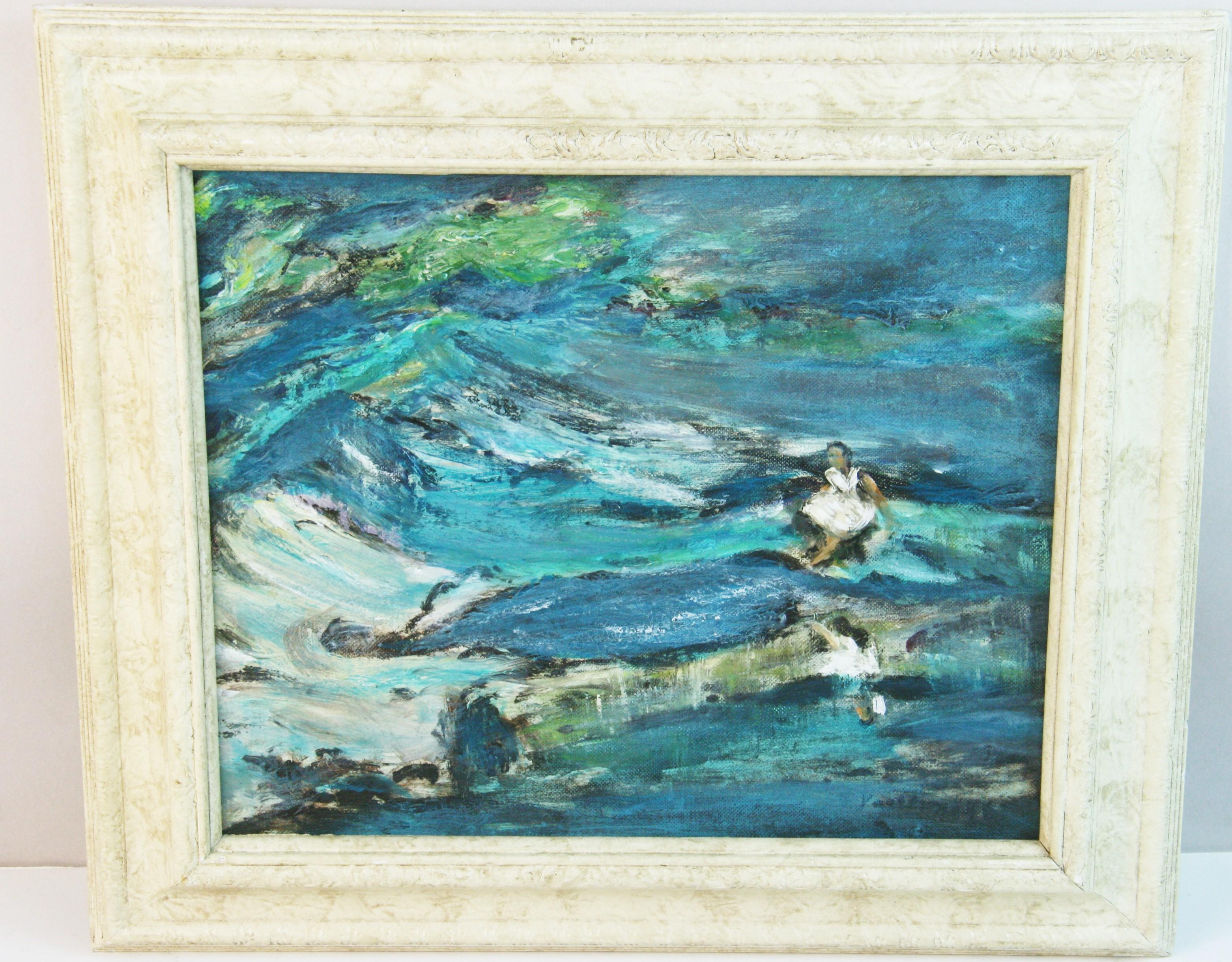 6014 Impressionistisches figuratives Seestück, eine Frau sitzt am Meer und sieht ihr Spiegelbild
Bildgröße 9,5x11,5