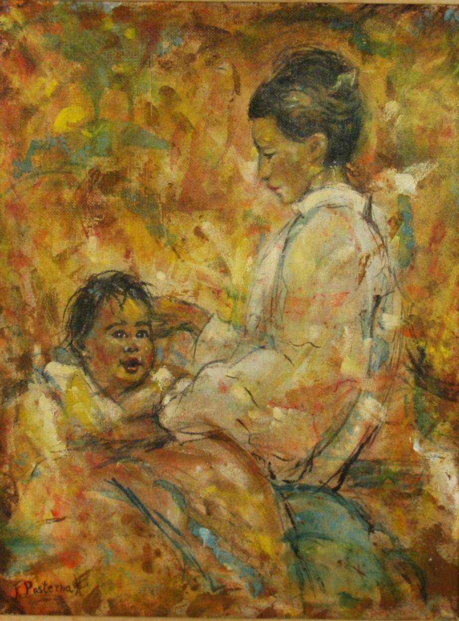 Mère et Child peinture à l'huile 1968 - Painting de Florence Pasternak