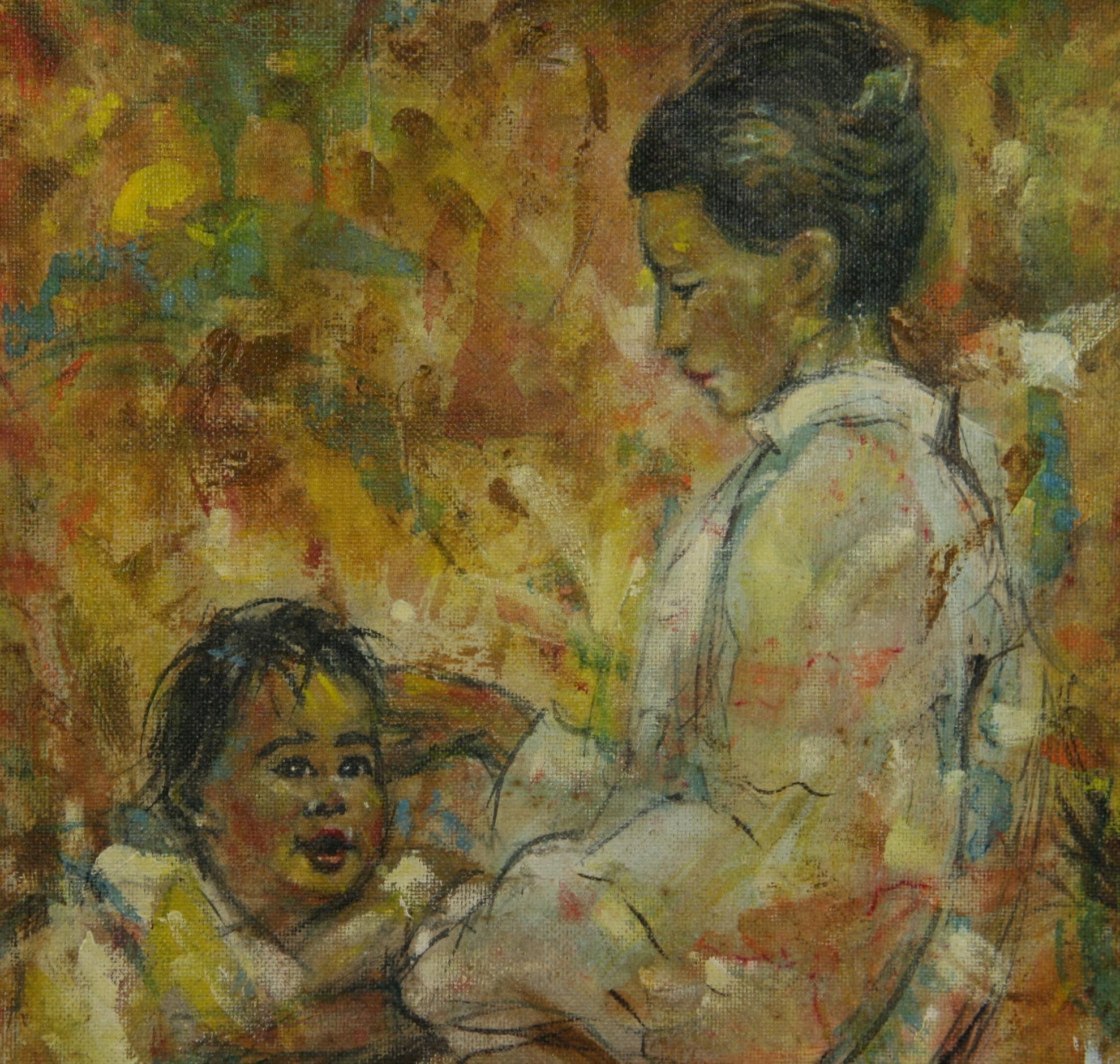 Mère et Child peinture à l'huile 1968 - Marron Figurative Painting par Florence Pasternak
