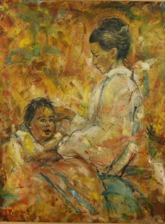 Dipinto a olio “Madre e figlio”, impressionista americano, 1968, incorniciato
