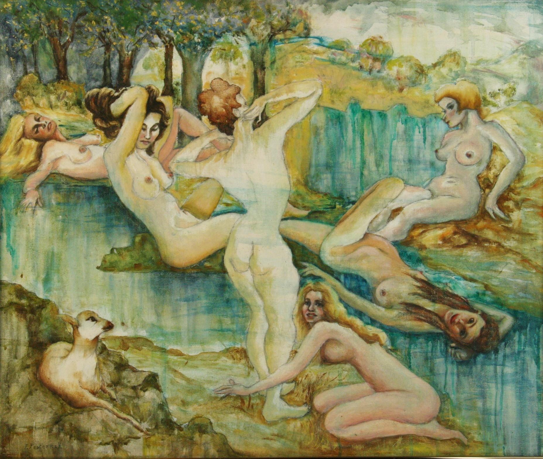  Nude Scandinavian Female  Bathers at the Pond 1965 - Painting by Florence Pasternak