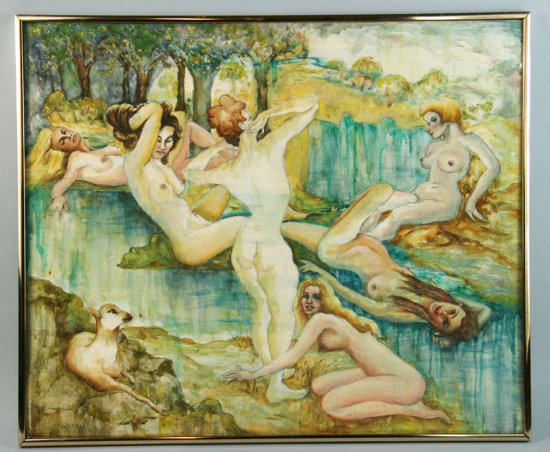 Florence Pasternak Nude Painting –  Akt Skandinavische weibliche Akt  Die Badenden am Teich 1965