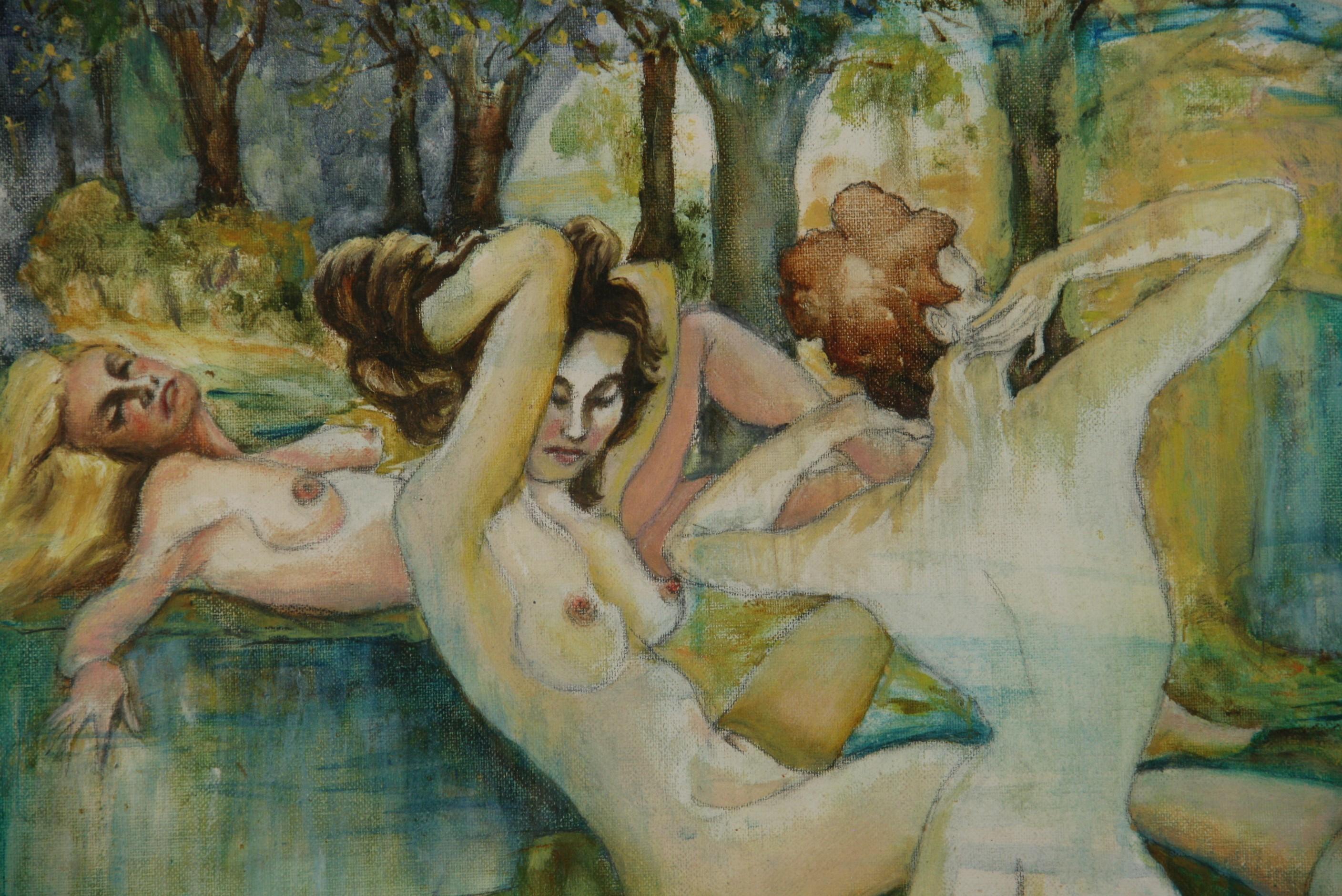 Akt Skandinavische weibliche Akt  Die Badenden am Teich 1965 (Braun), Landscape Painting, von Florence Pasternak