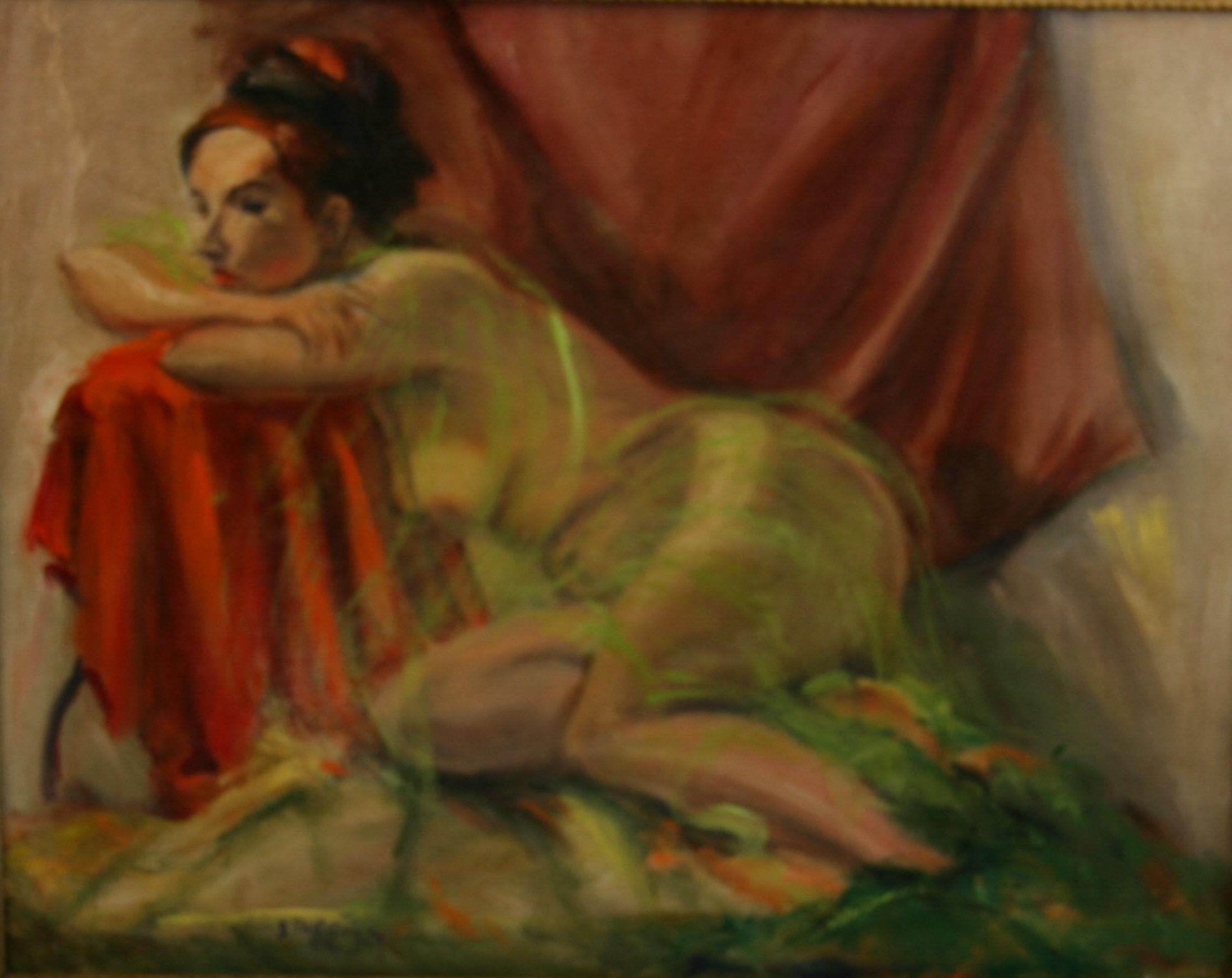 Vintage Pintura al óleo impresionista americana Desnudo femenino con velo 1962 - Painting de Florence Pasternak