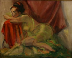 Vintage American Impressionist Veiled Female Nude Oil Painting 1962