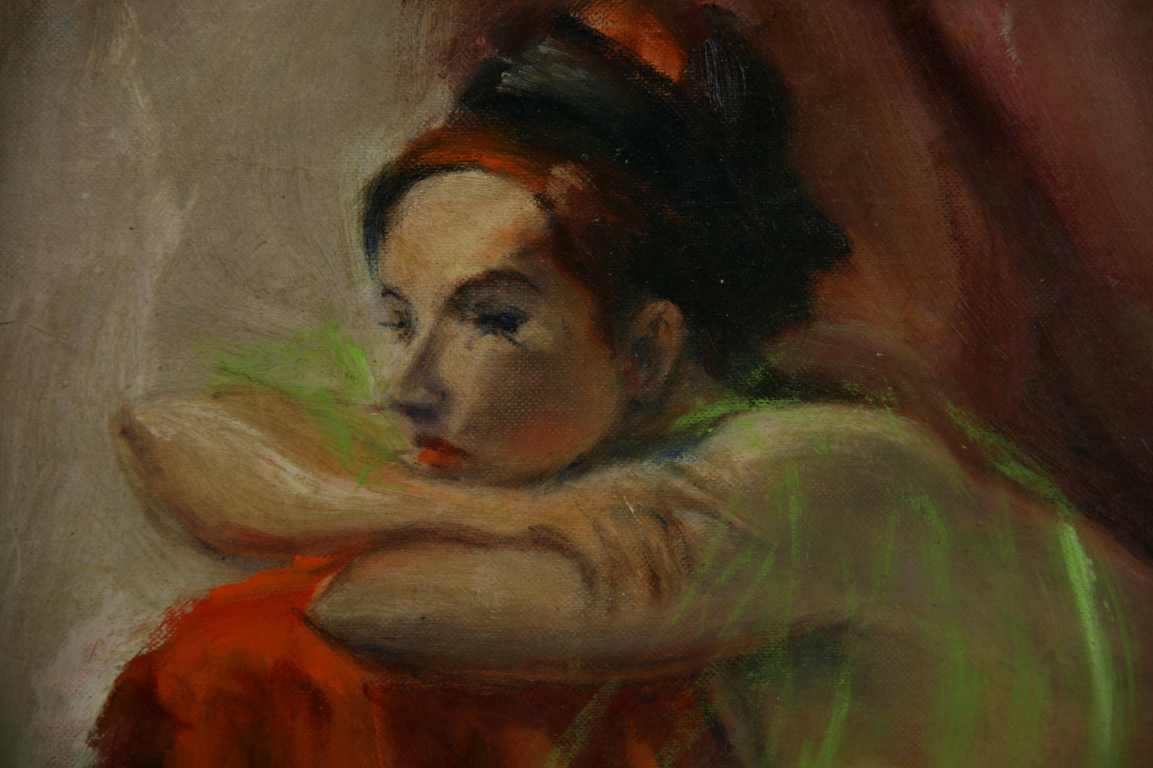 Vintage Pintura al óleo impresionista americana Desnudo femenino con velo 1962 3