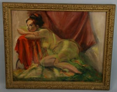 Vintage Pintura al óleo impresionista americana Desnudo femenino con velo 1962