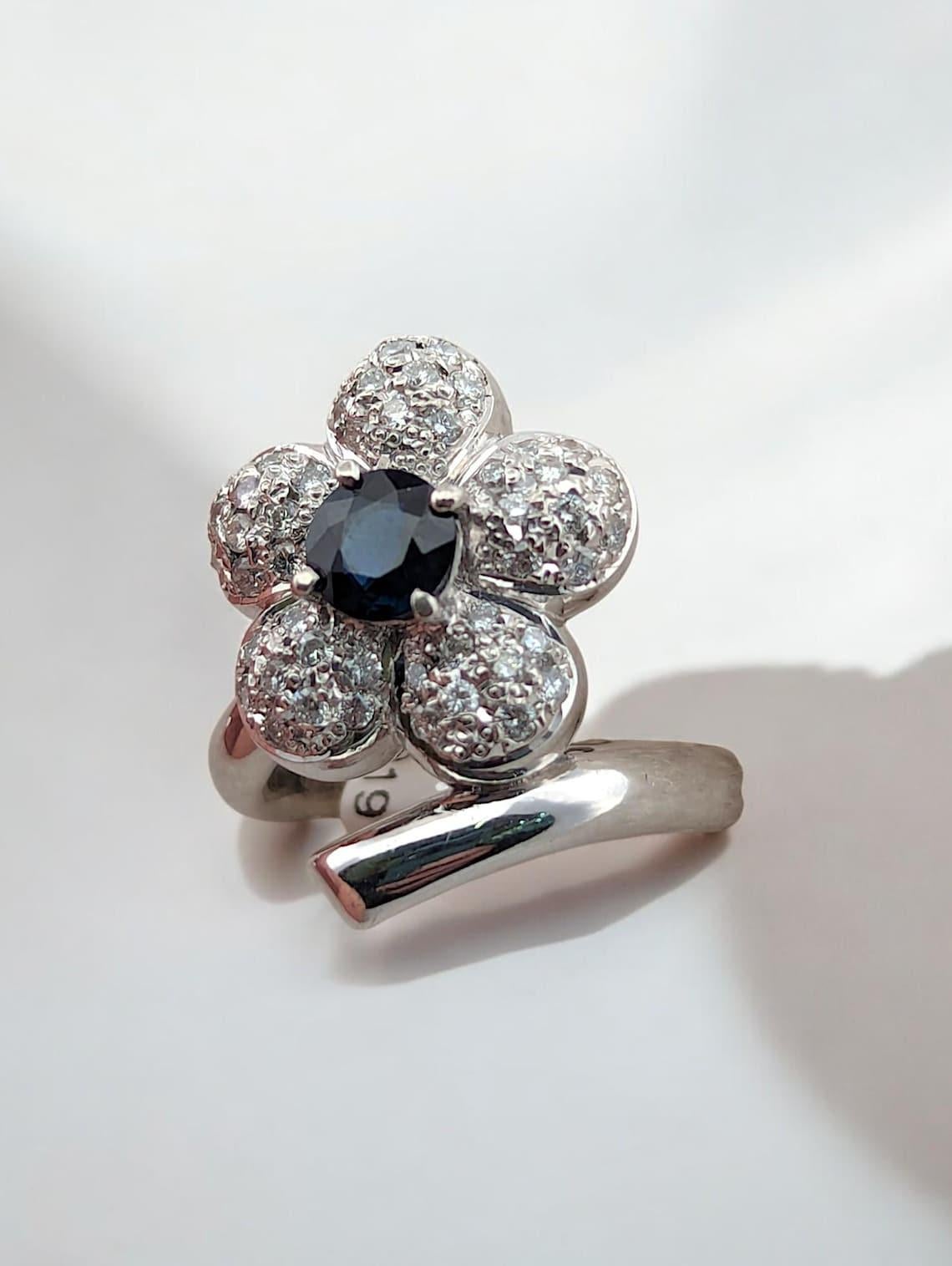 Square Cut Florence  Platinum Ring with 0.72ct Sapphire and 0.50ct Diamond, Blue Gemstone For Sale