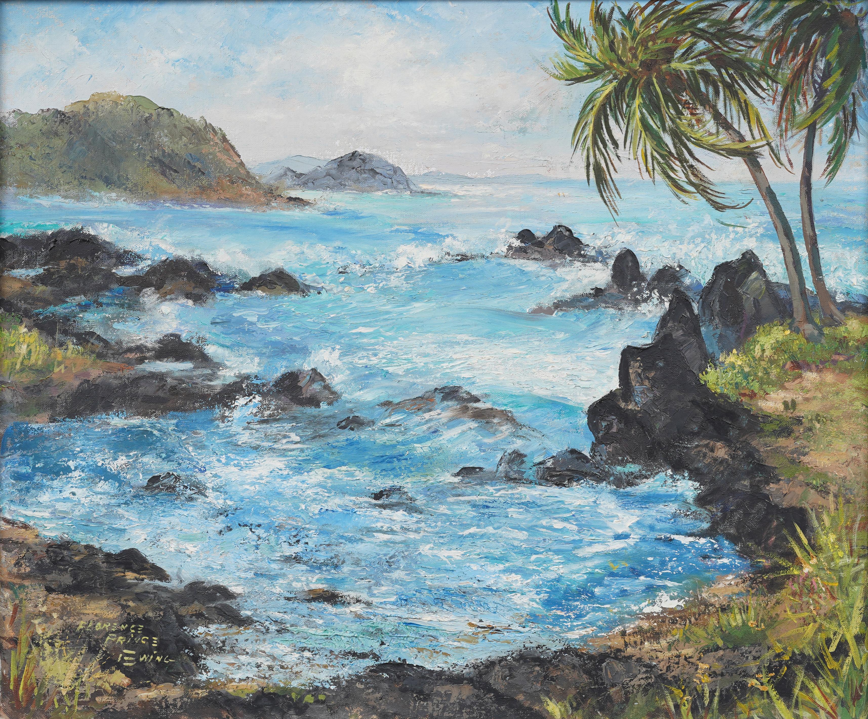Antico dipinto impressionista americano Maui, scena di spiaggia costiera hawaiana con cornice - Painting Impressionismo di Florence Prince Ewing