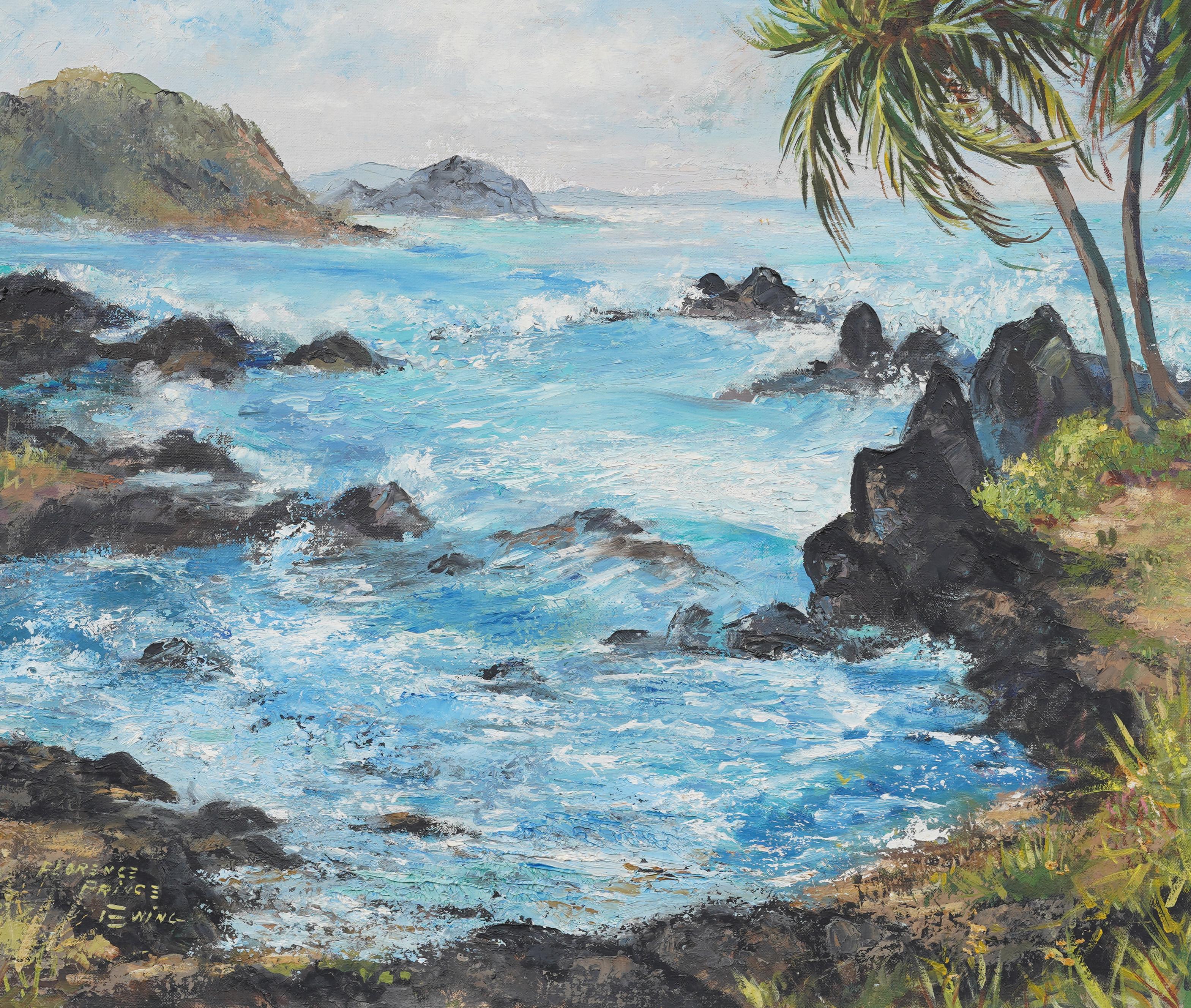 Raro paesaggio hawaiano della costa di Maui.  Olio su tela.  Incorniciato.  Firmato.  Olio su tela.  Dimensioni dell'immagine: 20
