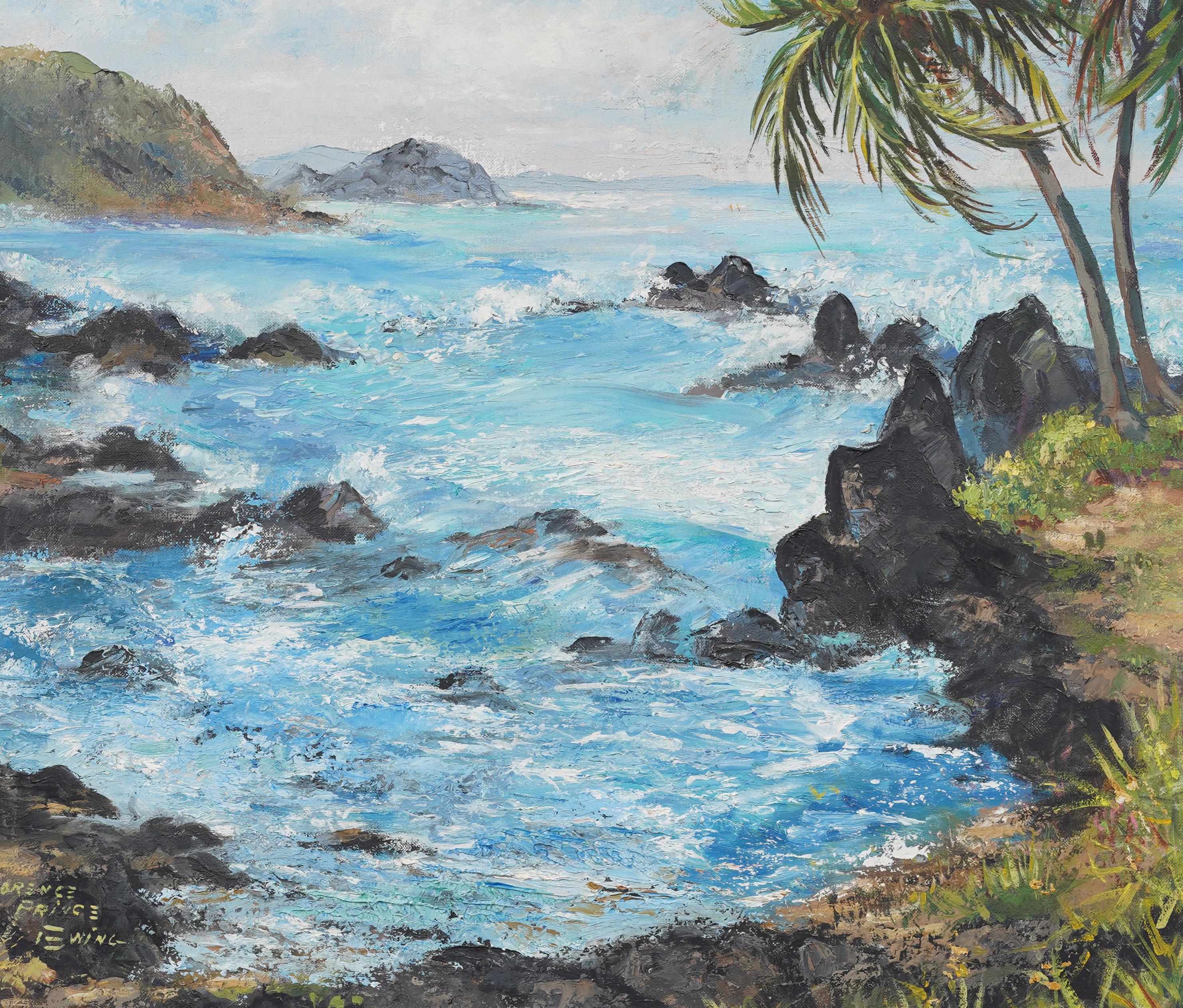 Antico dipinto impressionista americano Maui, scena di spiaggia costiera hawaiana con cornice in vendita 1