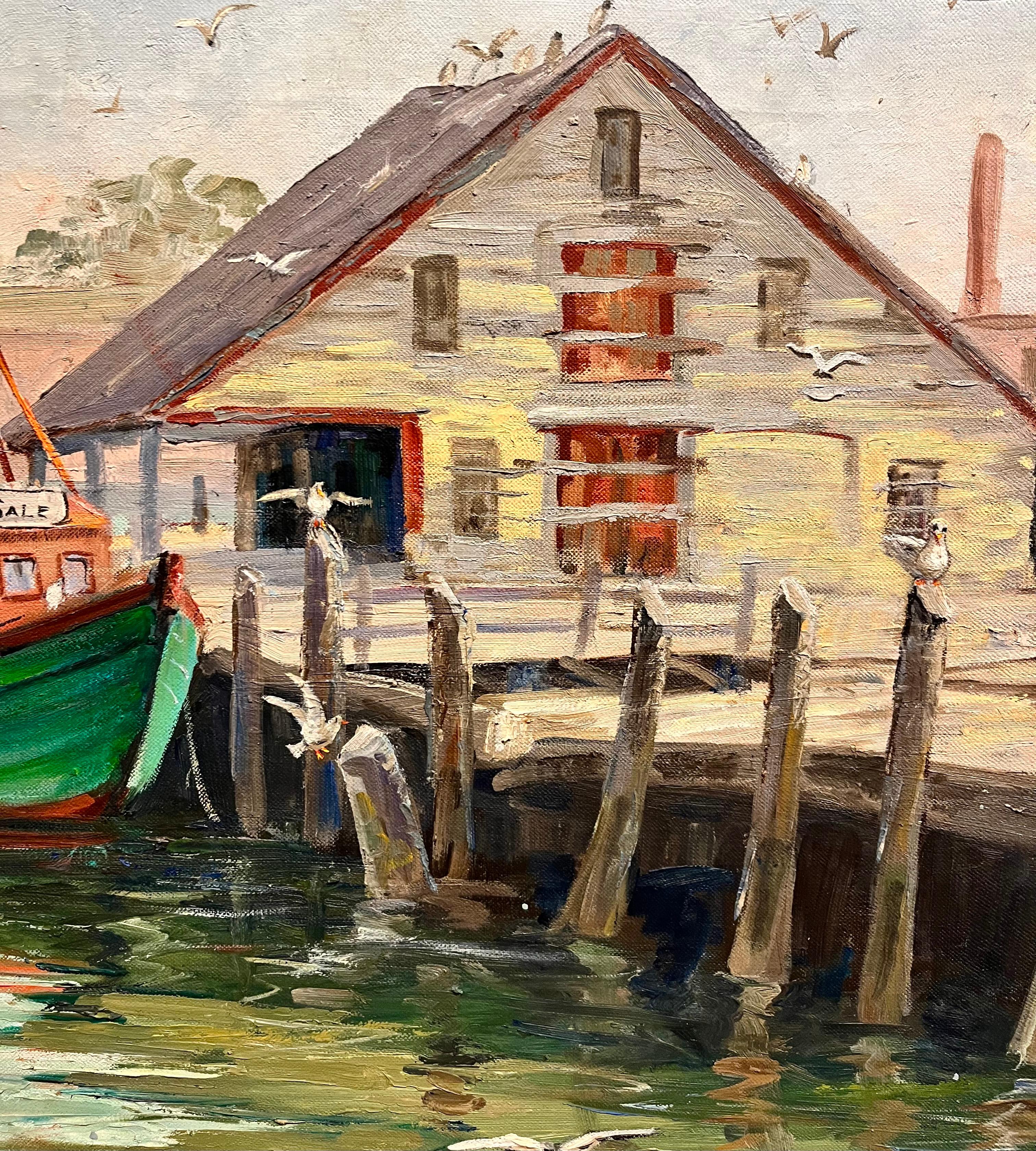 Gloucester Boats - Beige Landscape Painting by Florence Prince Ewing