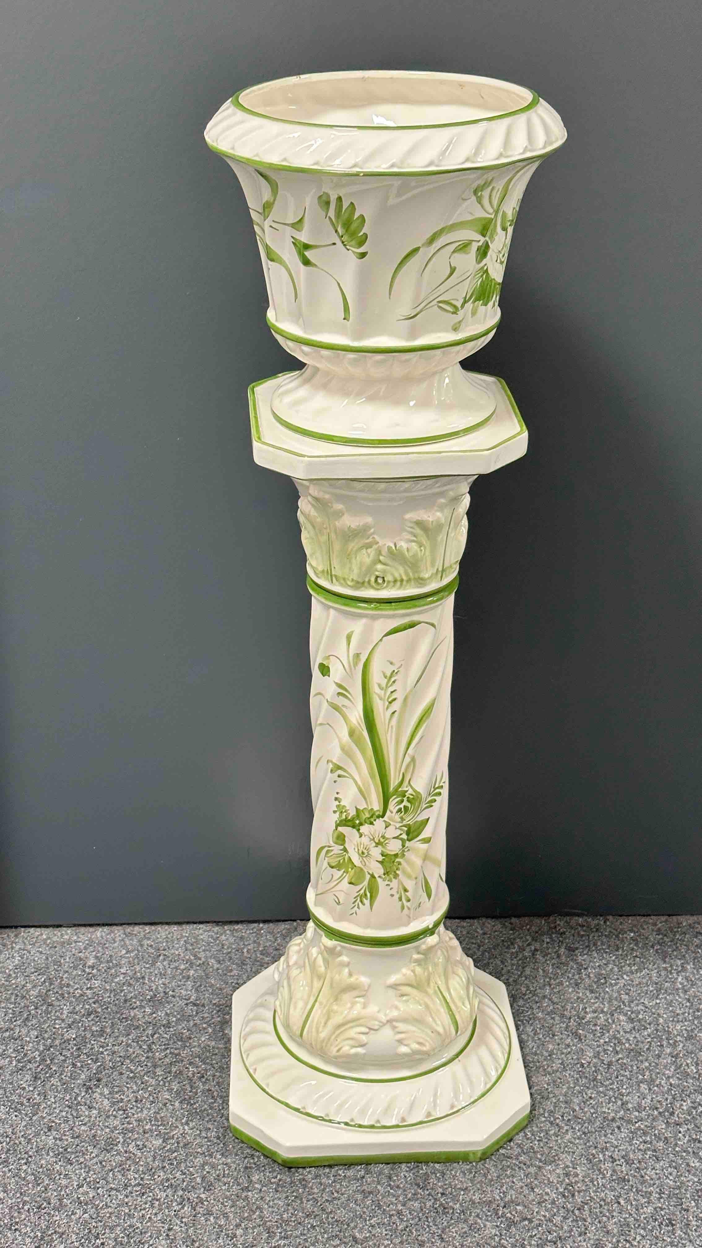 20th century glazed ceramic pedestal plant stand and flower pot seat. Handmade of ceramic. Nice addition to your home, patio or garden. This is in used condition, with signs of wear as expected with age and use. Marked Italy. 
The pedestal is