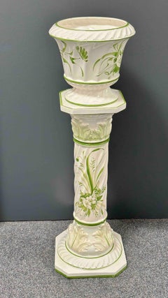 Florence Style Italian Glazed Ceramic Pedestal Plant Stand Vintage, Italy, 1980s