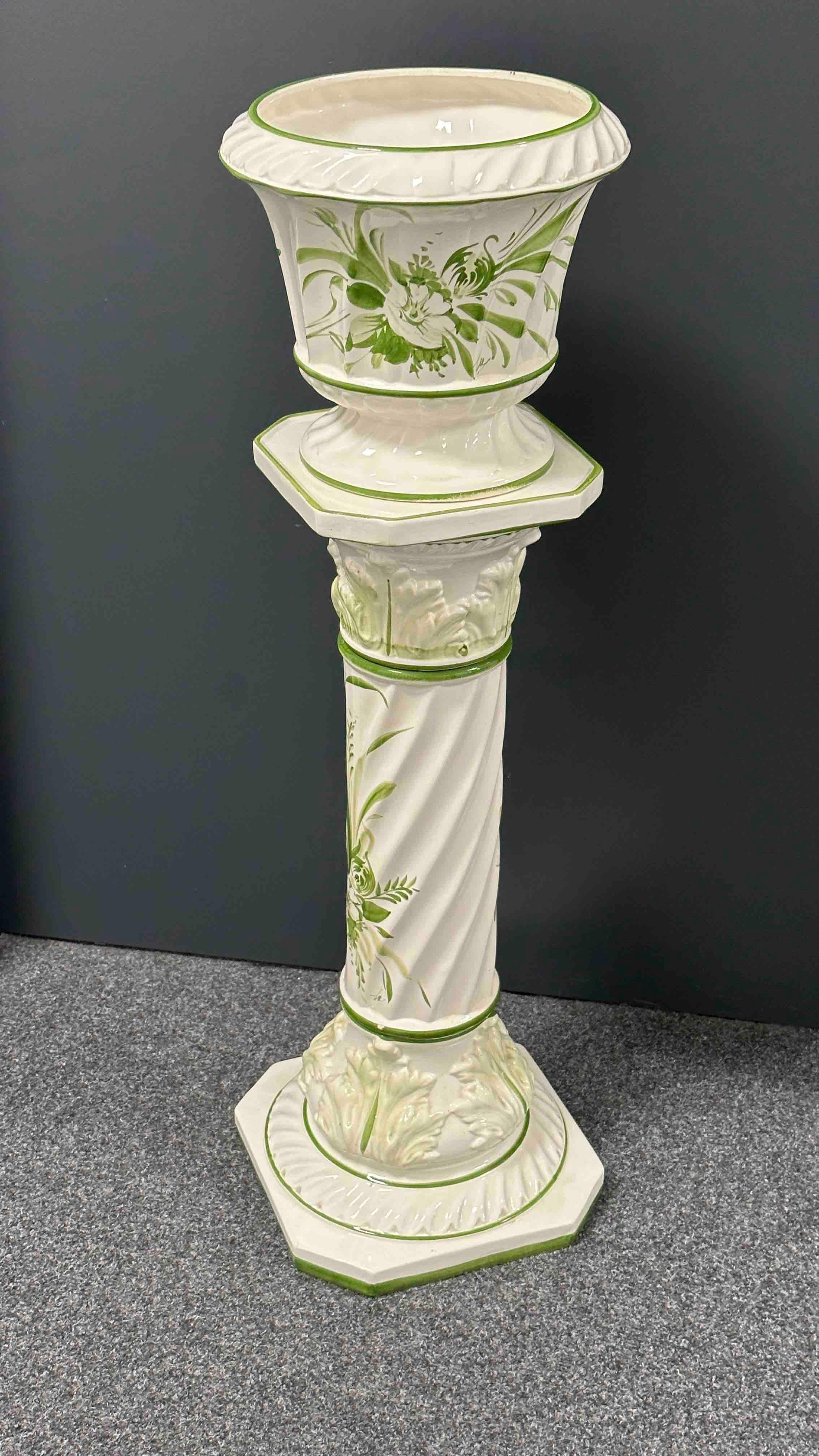 Hollywood Regency Florence Style Italian Glazed Ceramic Pedestal Plant Stand Vintage, Italy, 1980s For Sale