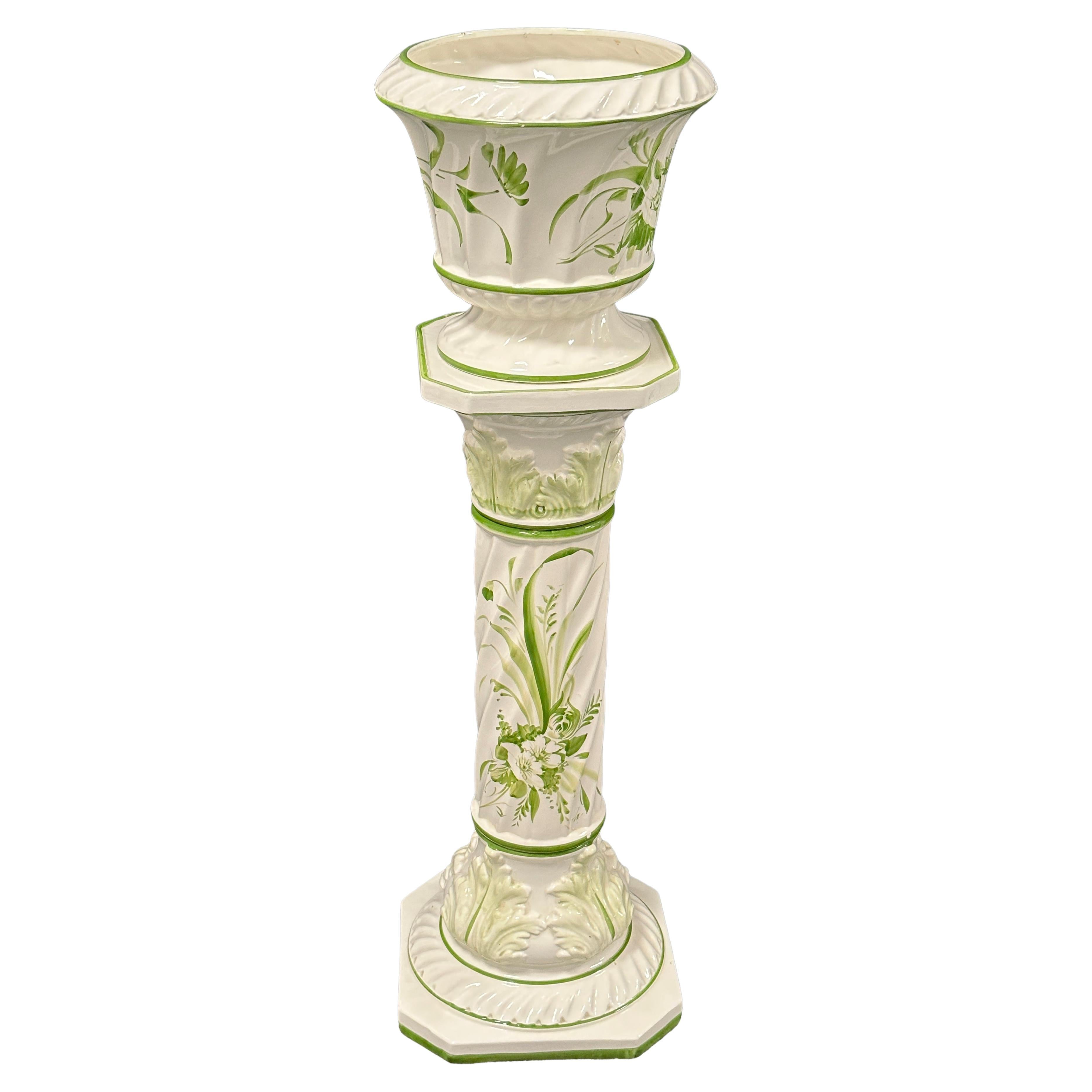 Florence Style Italian Glazed Ceramic Pedestal Plant Stand Vintage, Italy, 1980s For Sale