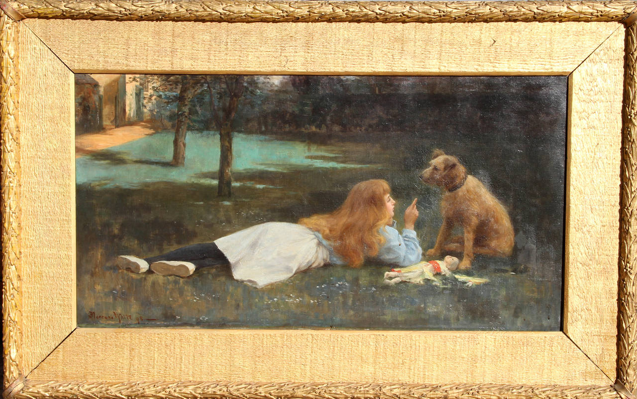 Florence White Figurative Painting - A Girl and Her Dog, Oil Painting 1898