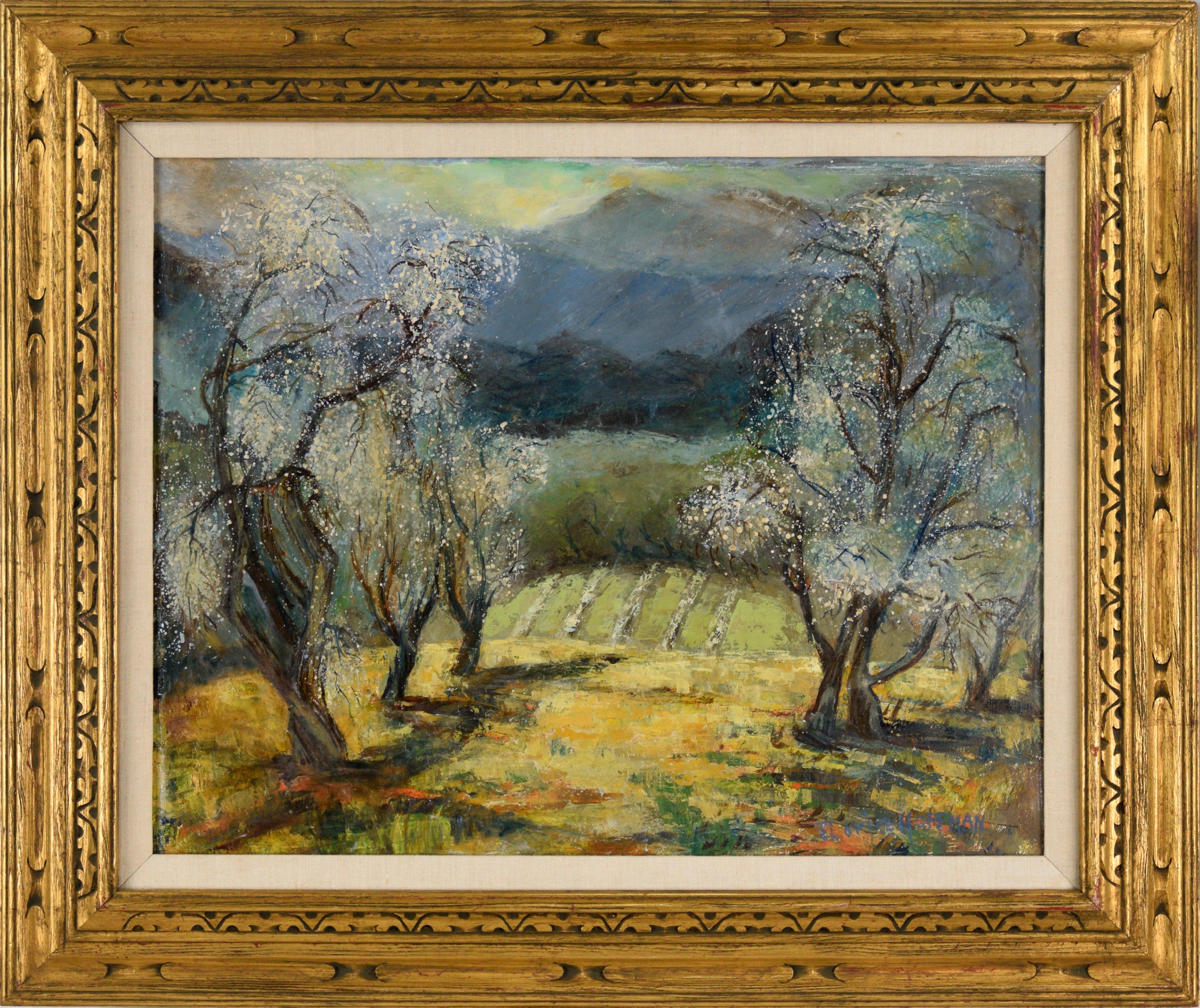 Florence Wideman Hoffman Landscape Painting – „The Awakening“ Frühe Frühlingslandschaft von Mt Hamilton, Öl auf Masonit