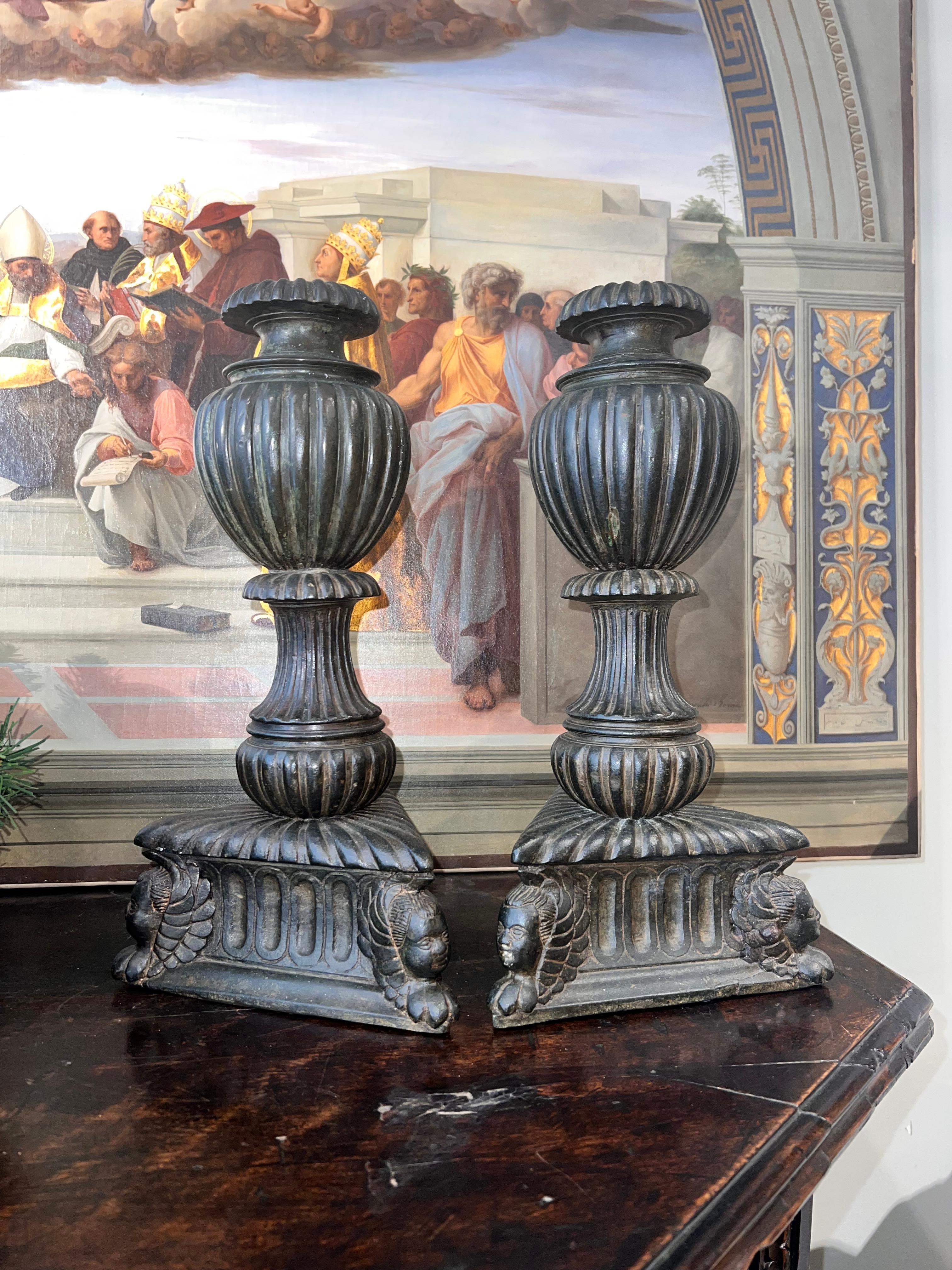 18th Century and Earlier Florence, 16th Century Couple of Bronze Candlesticks Bases For Sale