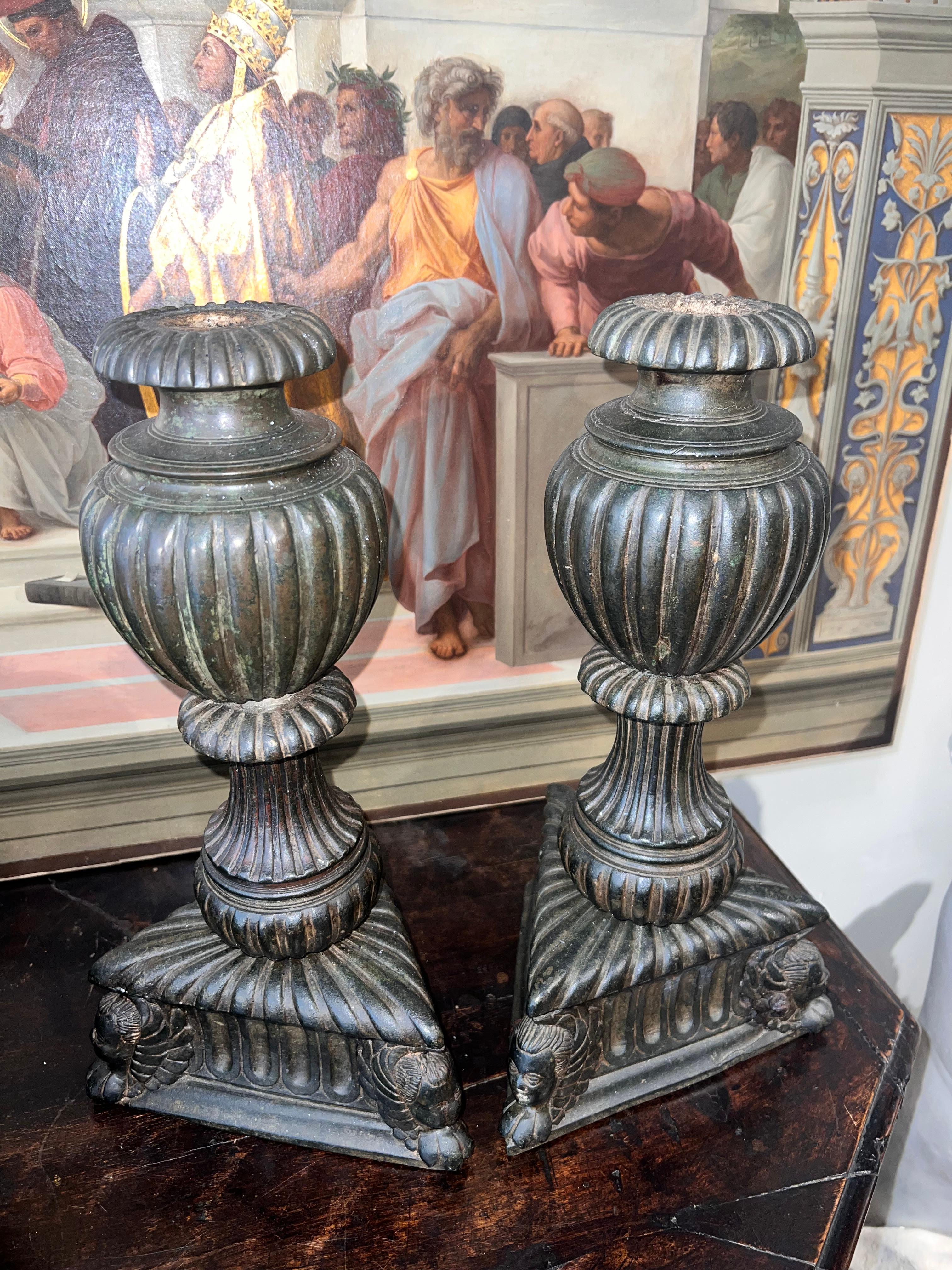 Florence, 16th Century Couple of Bronze Candlesticks Bases For Sale 4