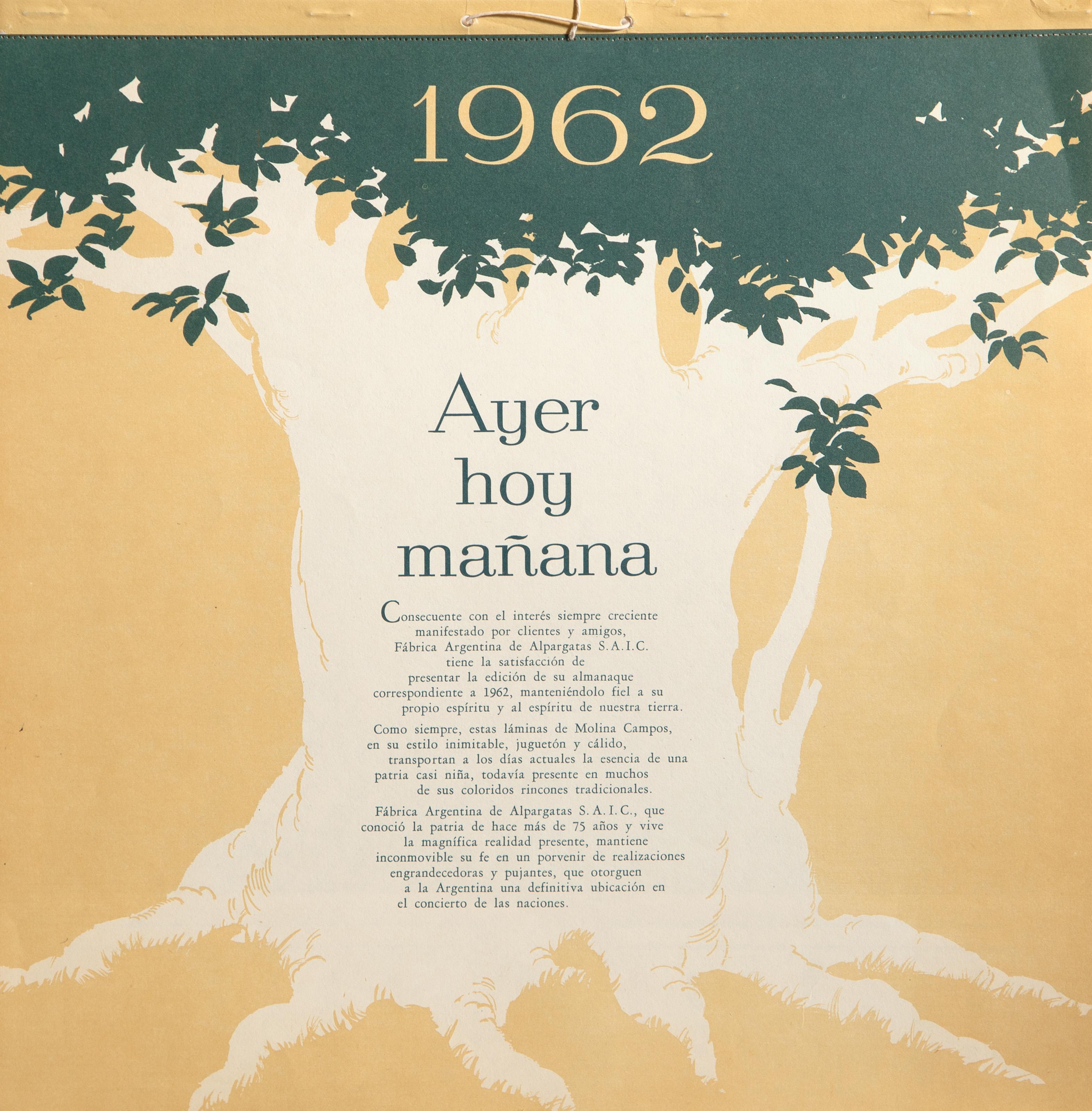  Florencio Molina Campos, Argentine (1891 - 1959) -  Ayer Hoy Manana, Year: 1961, Medium: Calendar with 6 Offset Reproductions Of Paintings, Image Size: 8.25 x 12.5 inches, Size: 13.5 x 13.75 in. (34.29 x 34.93 cm), Printer: Talleres Graficos S.A.