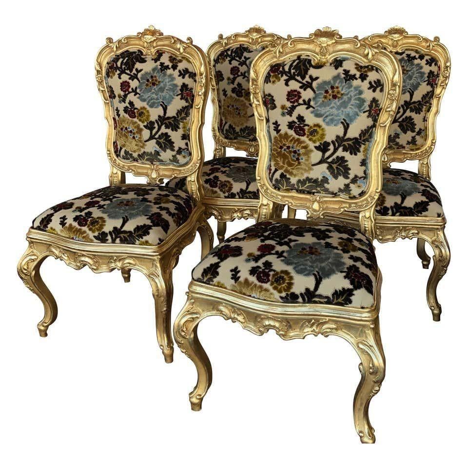 Vintage Flower Pattern Gilt Chairs- Set of 4 For Sale 6