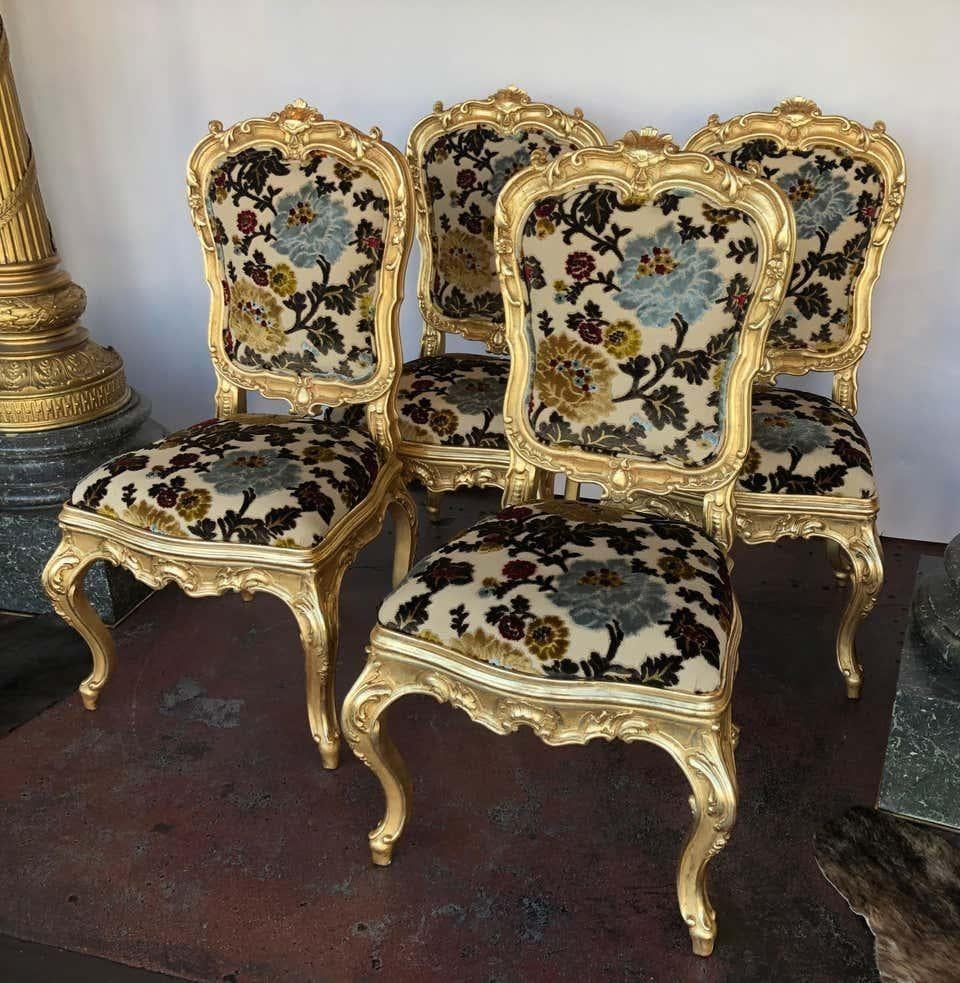 Upholstery Vintage Flower Pattern Gilt Chairs- Set of 4 For Sale
