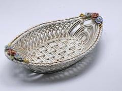 Florentin Ceramic Basket, with Flower Decor Pattern, White Color, Italy 1960