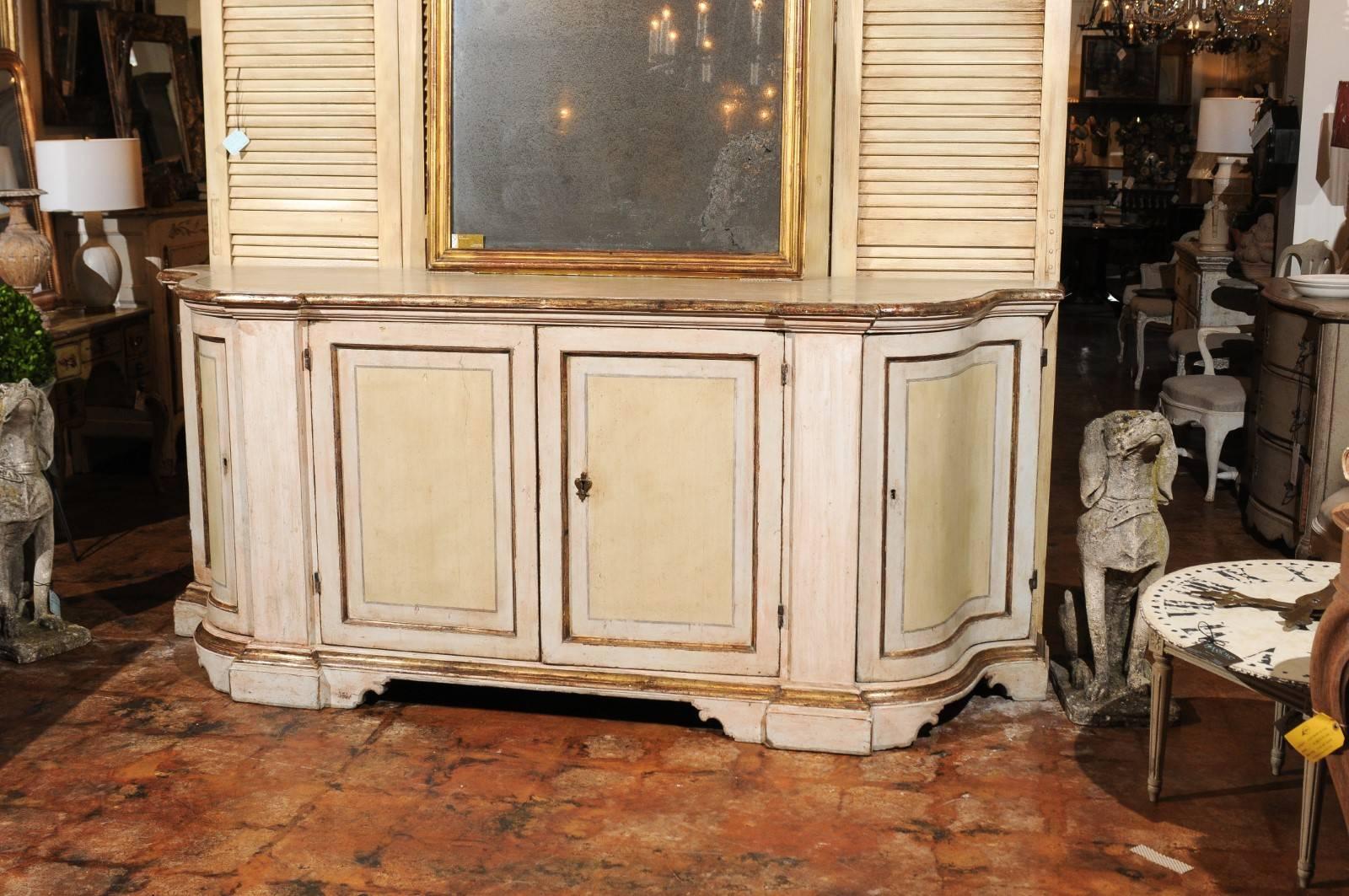 Italian Florentine 1850s Painted Credenza with Silver Gilt Trim and Serpentine Sides