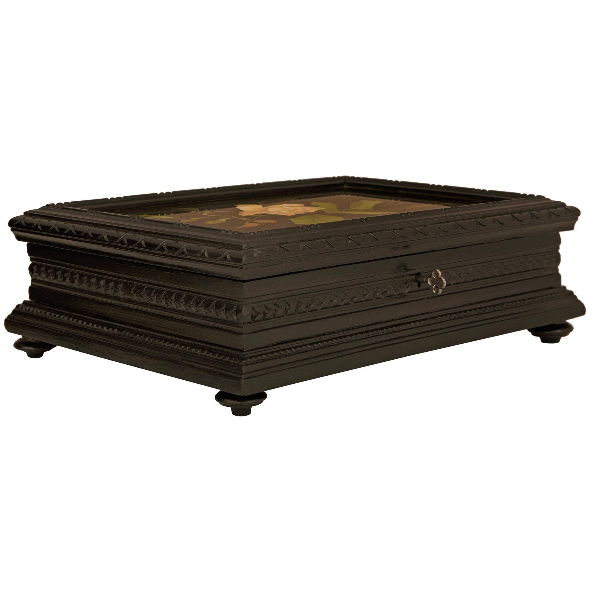 Italian Florentine 19th century Ebonized Fruitwood and Pietra Dura marble box For Sale