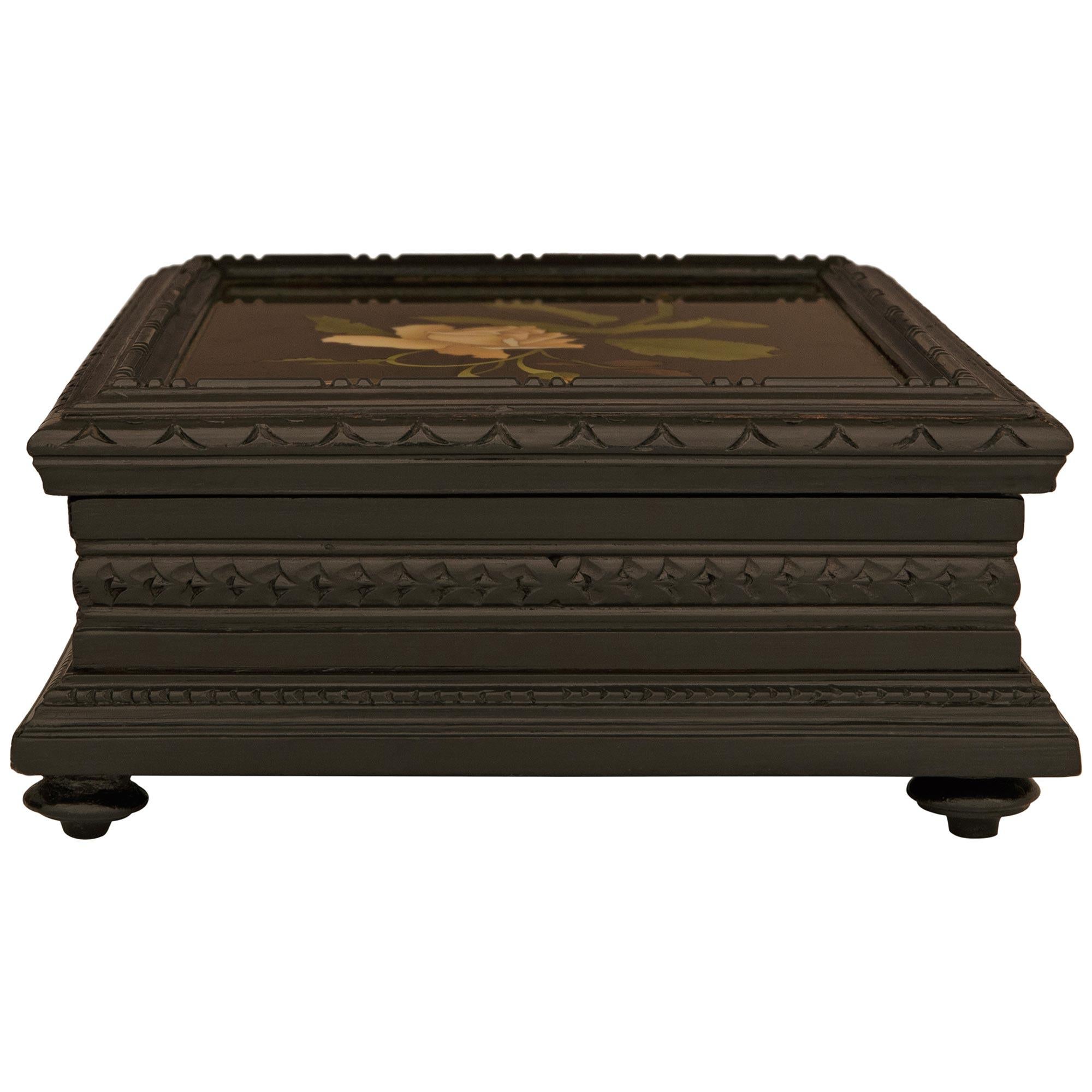 19th Century Florentine 19th century Ebonized Fruitwood and Pietra Dura marble box For Sale