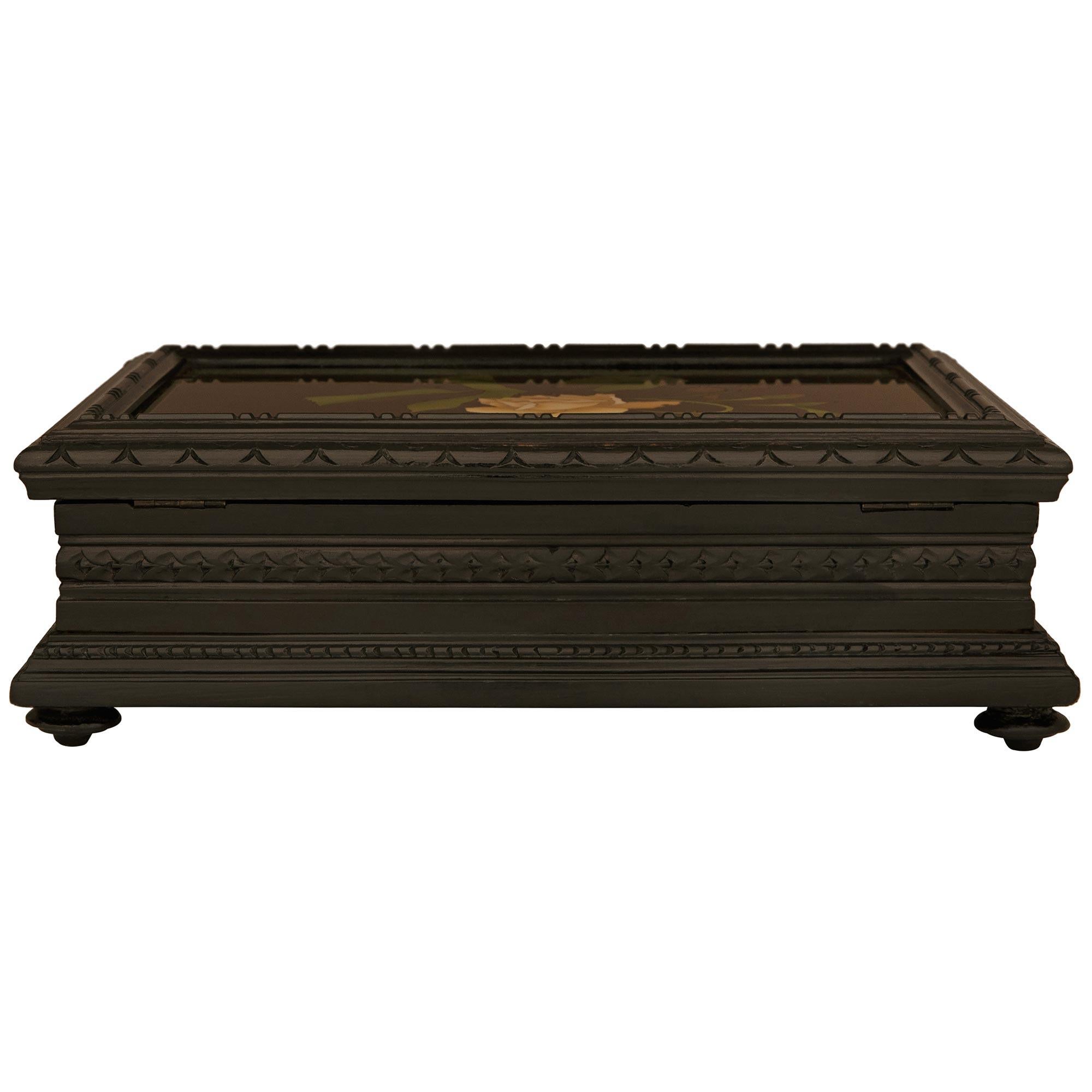 Marble Florentine 19th century Ebonized Fruitwood and Pietra Dura marble box For Sale