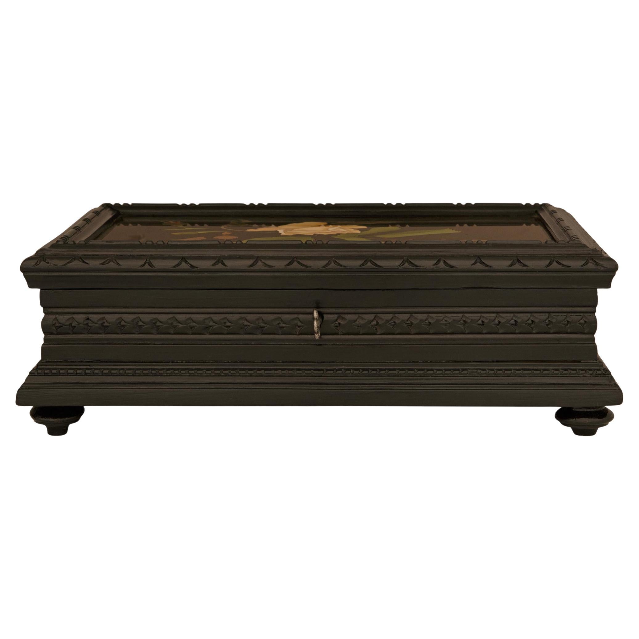Caja florentina del siglo XIX de madera de frutal ebonizada y mármol de Pietra DURA