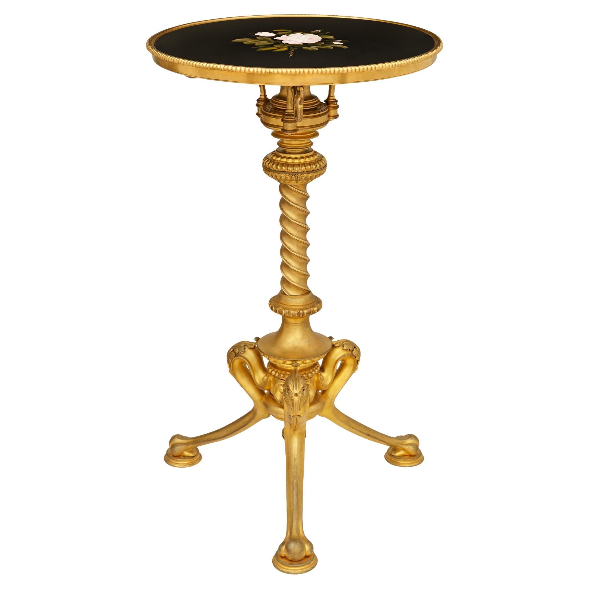 Table d'appoint Florentine du 19ème siècle en bronze doré et marbre Pietra Dura en vente