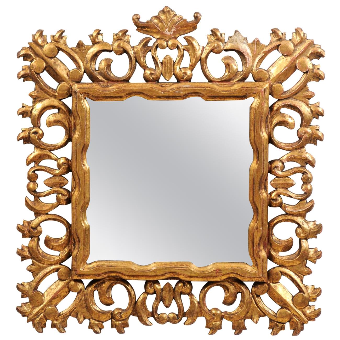 Florentine 20th Century Carved Giltwood Mirror with C-Scrolls and Foliage Motifs