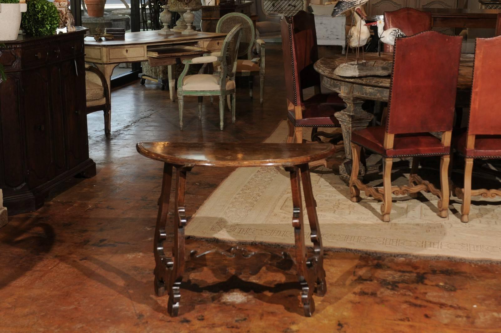 Italian Florentine Baroque Revival Walnut Demilune Table with Lyre Shaped Base, 1880s