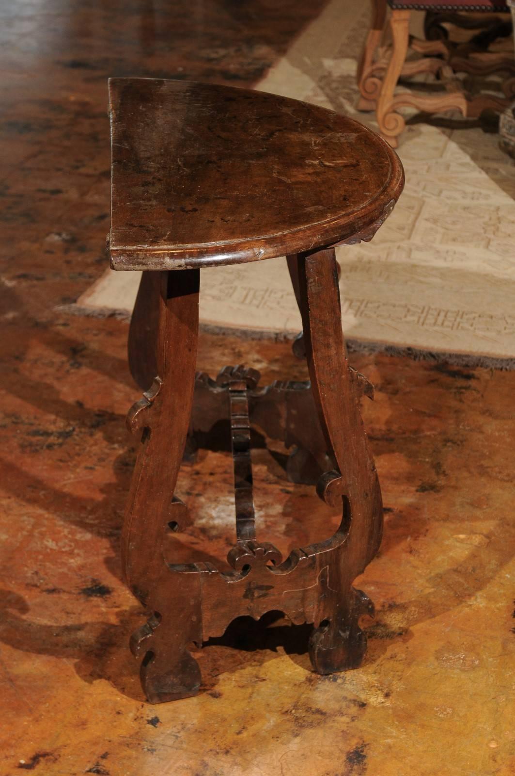 Carved Florentine Baroque Revival Walnut Demilune Table with Lyre Shaped Base, 1880s