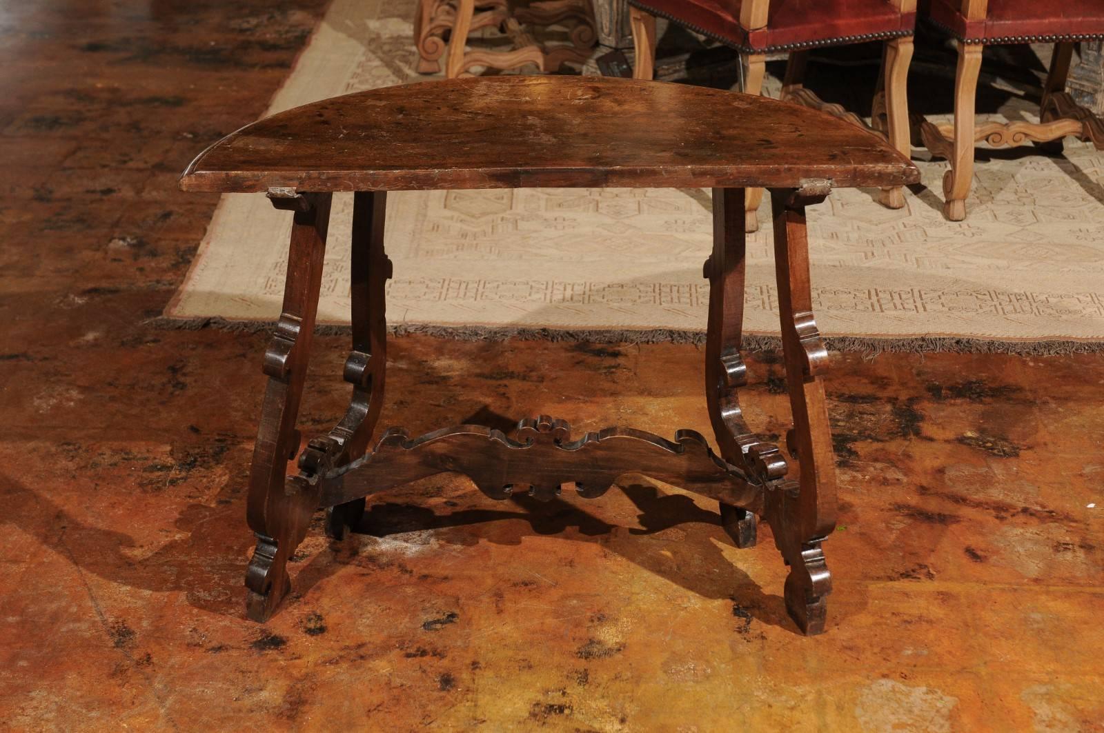 19th Century Florentine Baroque Revival Walnut Demilune Table with Lyre Shaped Base, 1880s