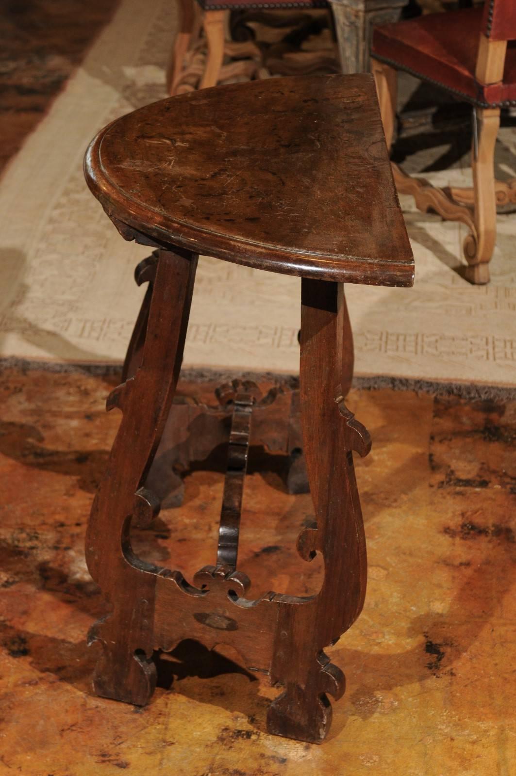 Florentine Baroque Revival Walnut Demilune Table with Lyre Shaped Base, 1880s 1