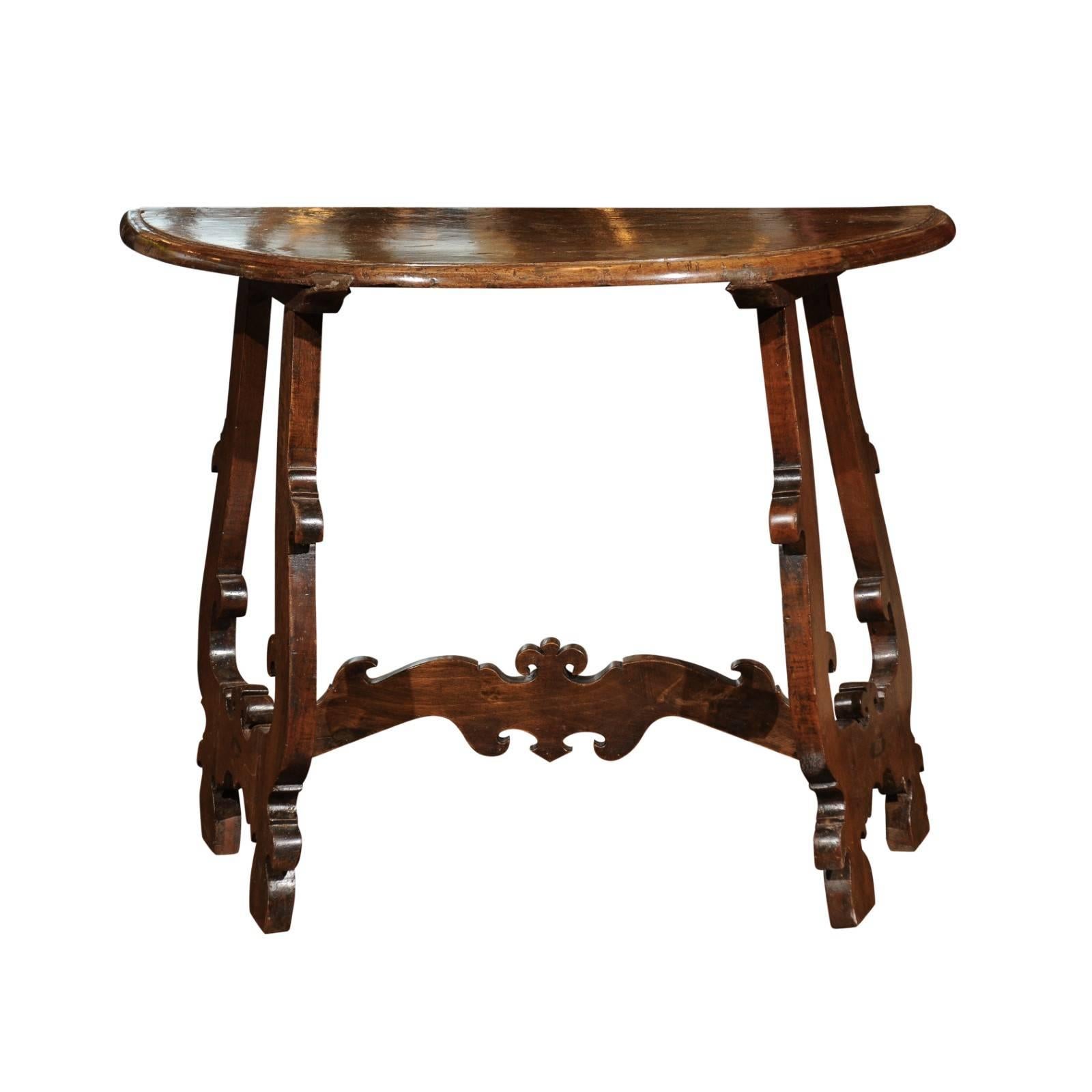 Florentine Baroque Revival Walnut Demilune Table with Lyre Shaped Base, 1880s