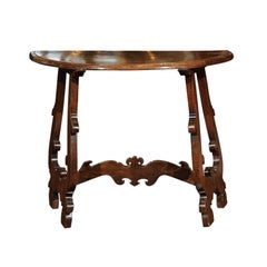 Florentine Baroque Revival Walnut Demilune Table with Lyre Shaped Base, 1880s