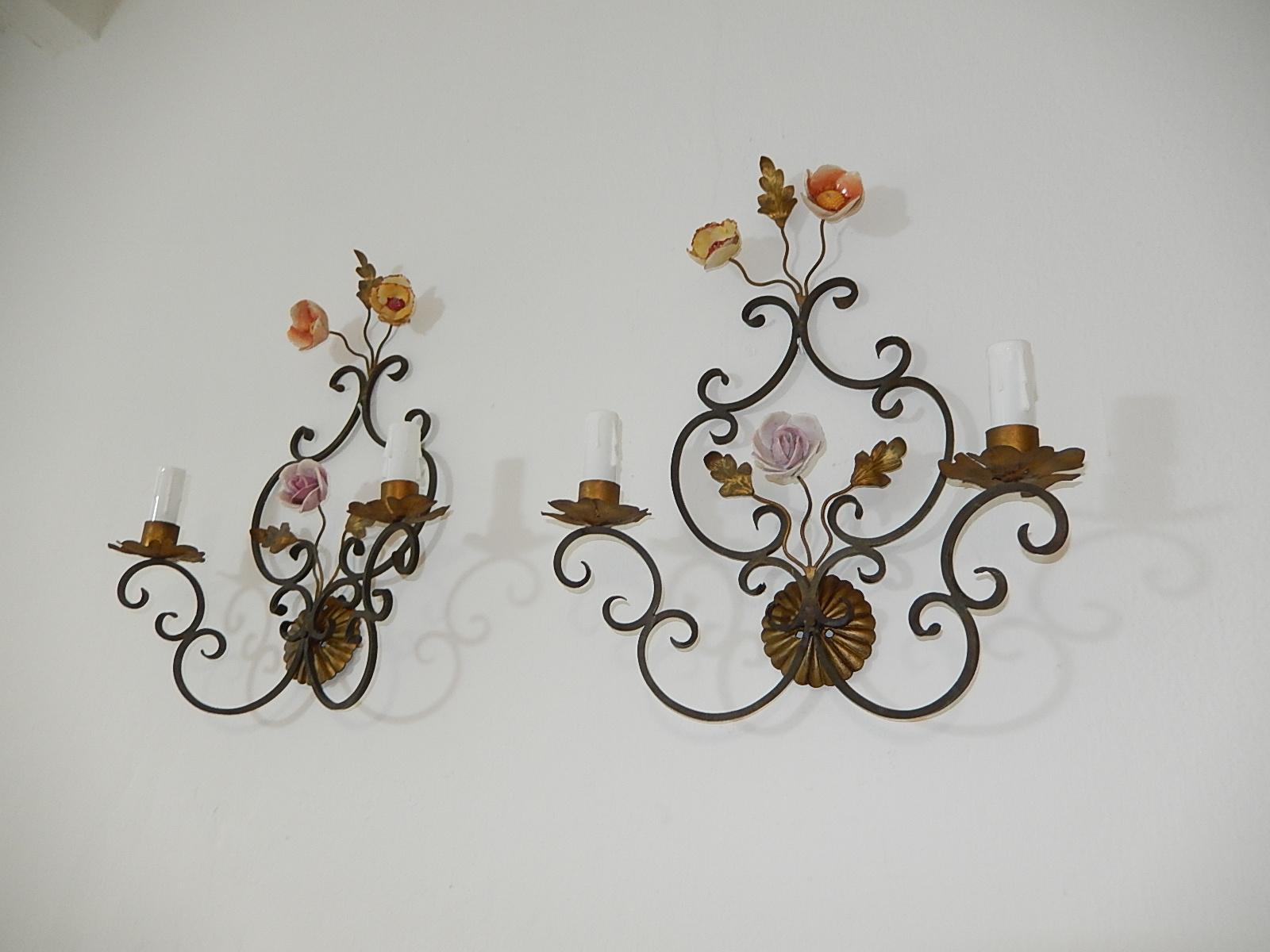 Housing 2 lights each. Will be rewired with appropriate sockets for country. UL US certified for the United States. Ready to hang. Leaves and bulb holders in detailed bronze. Handmade porcelain flowers. Free priority UPS shipping from Italy, no
