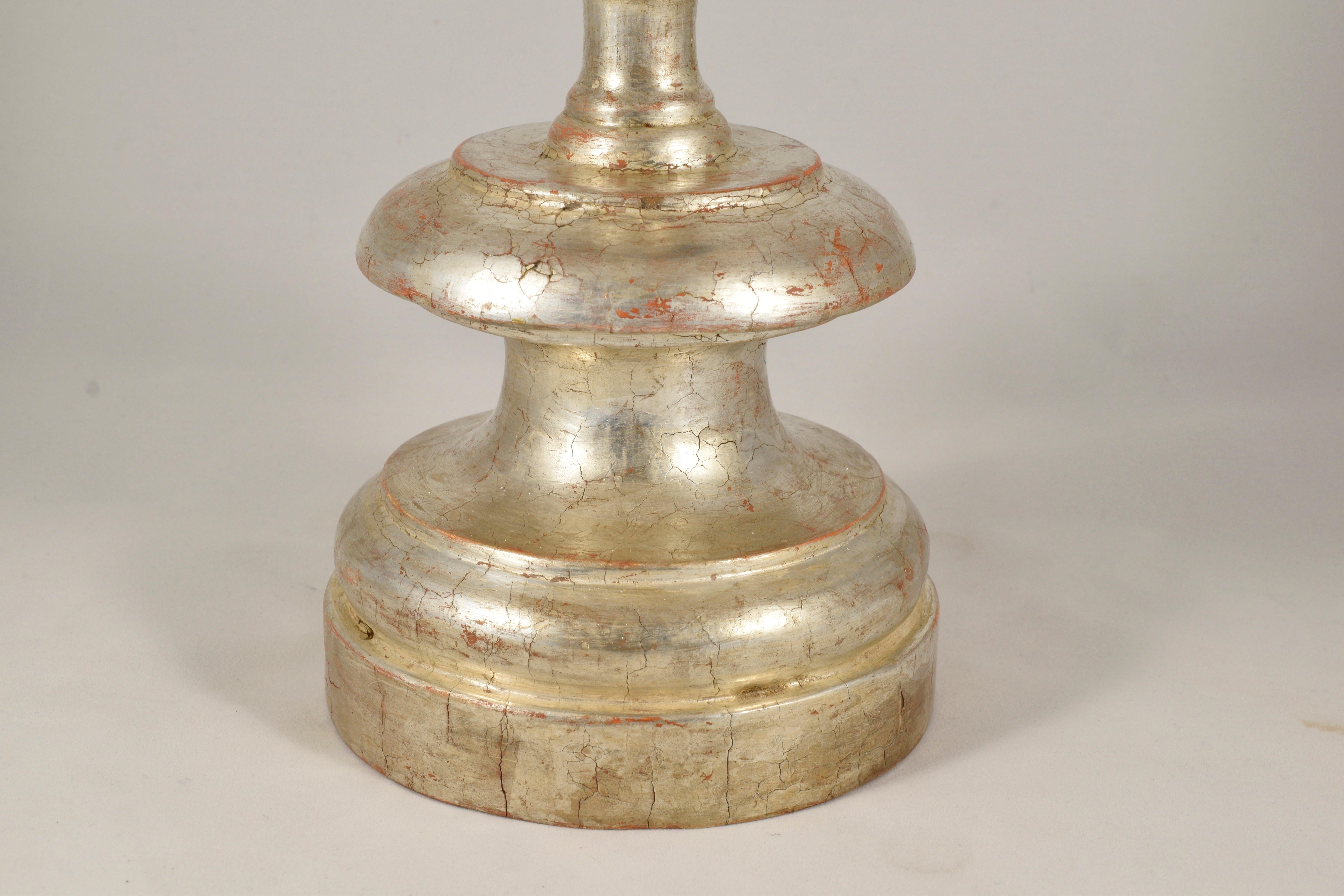 Renaissance Florentine Candlestick in Lathed and Silvered Wood, Late 17th Century For Sale