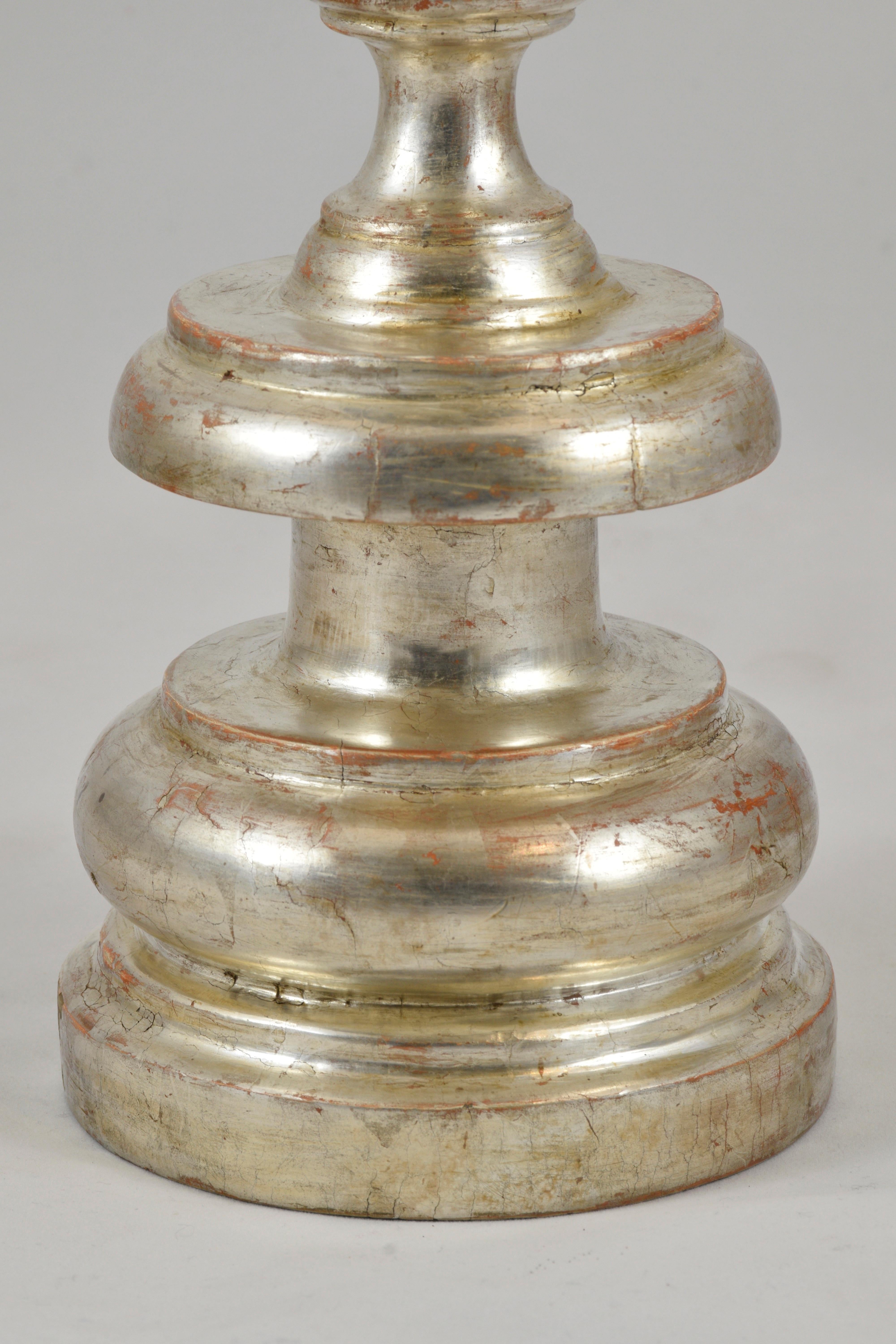 Renaissance Florentine Candlestick in Lathed and Silvered Wood, Late 17th Century For Sale