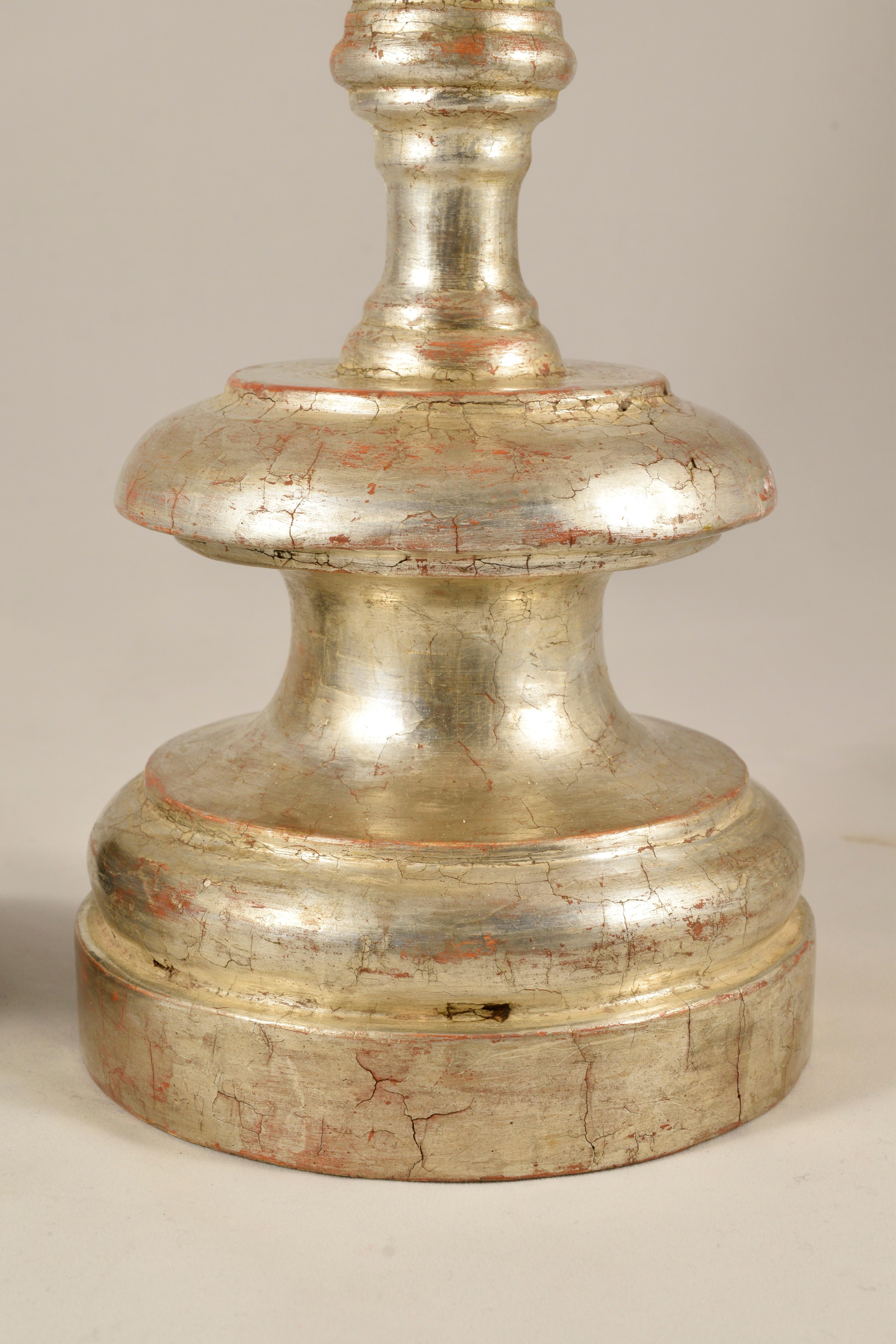 Italian Florentine Candlestick in Lathed and Silvered Wood, Late 17th Century For Sale