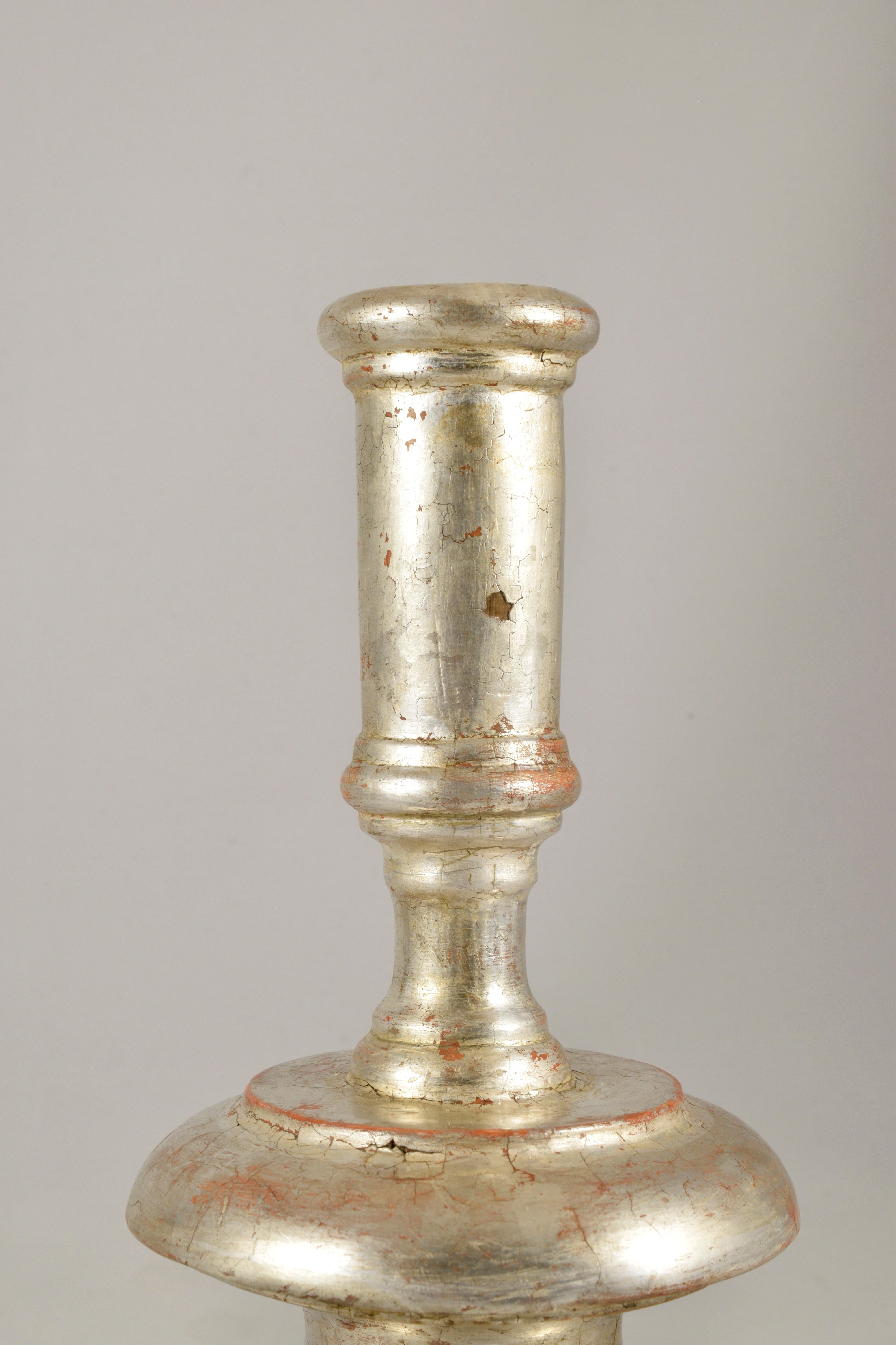 Sheet Metal Florentine Candlestick in Lathed and Silvered Wood, Late 17th Century For Sale