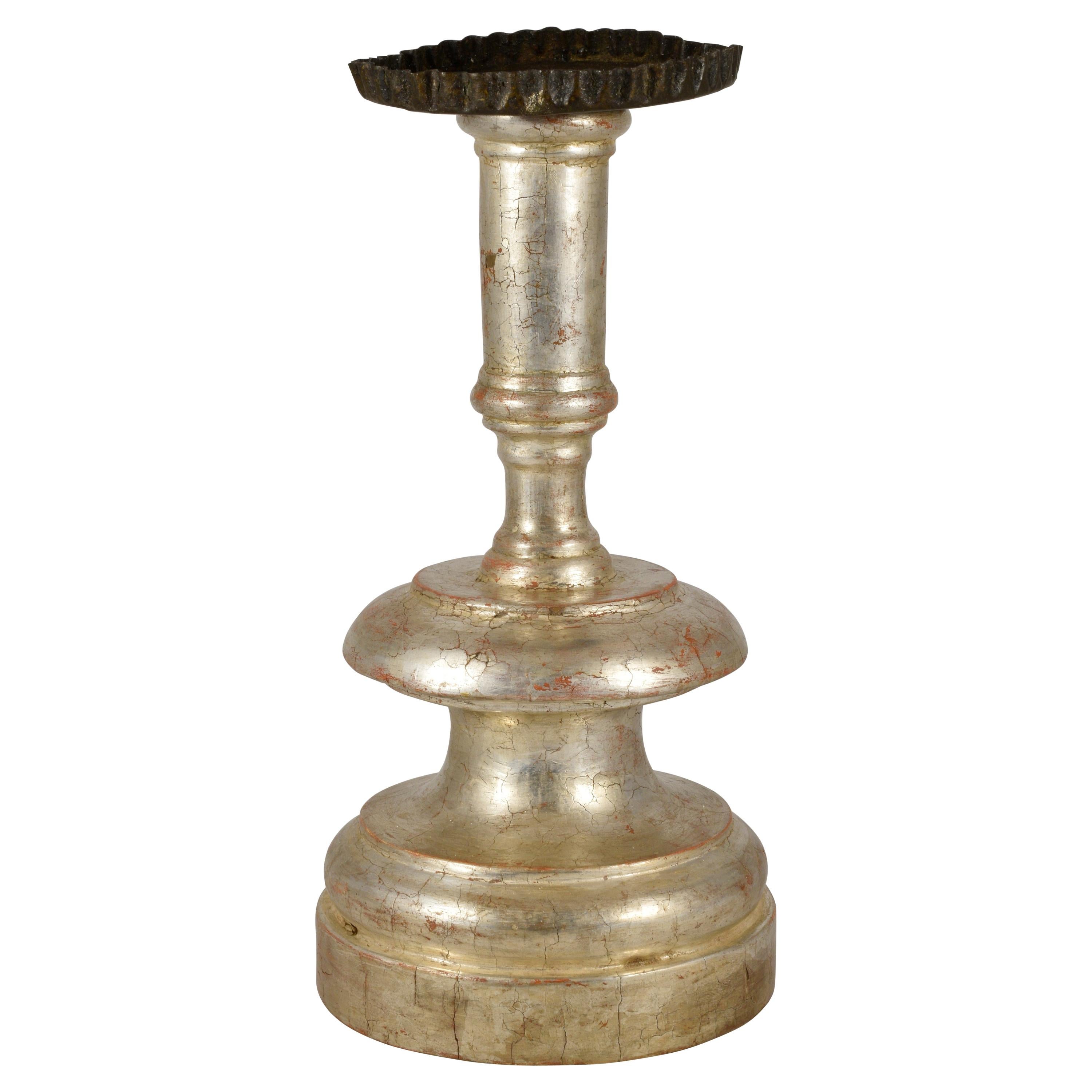 Florentine Candlestick in Lathed and Silvered Wood, Late 17th Century For Sale