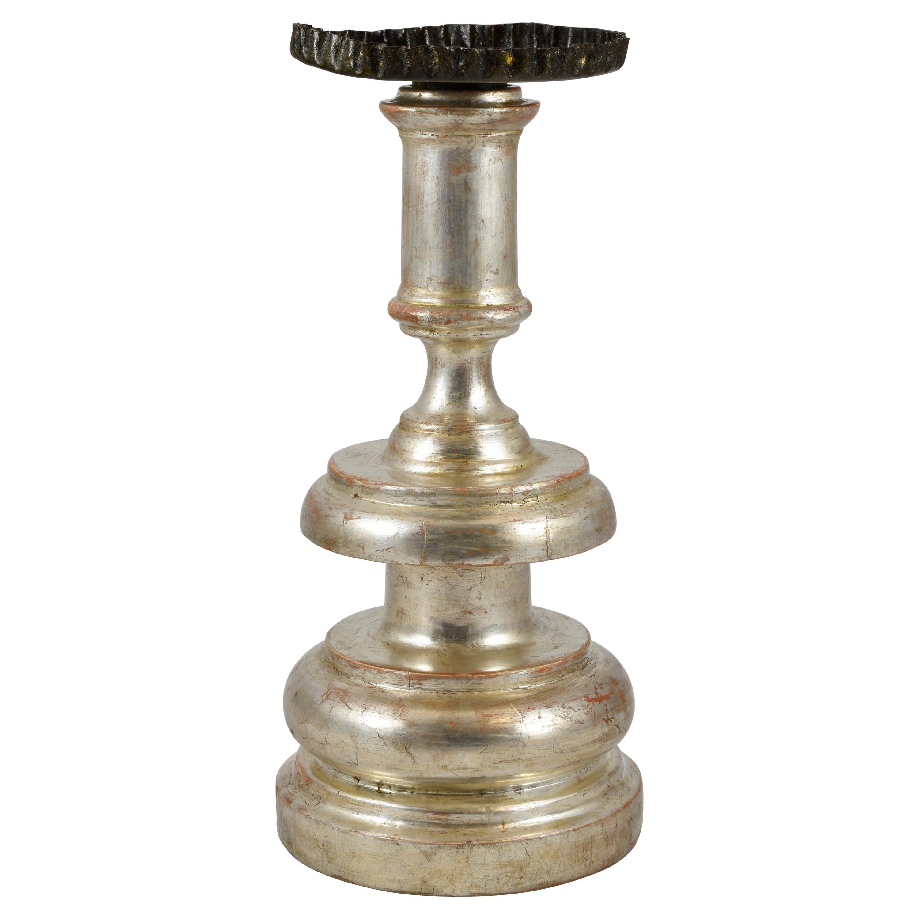 Florentine Candlestick in Lathed and Silvered Wood, Late 17th Century For Sale
